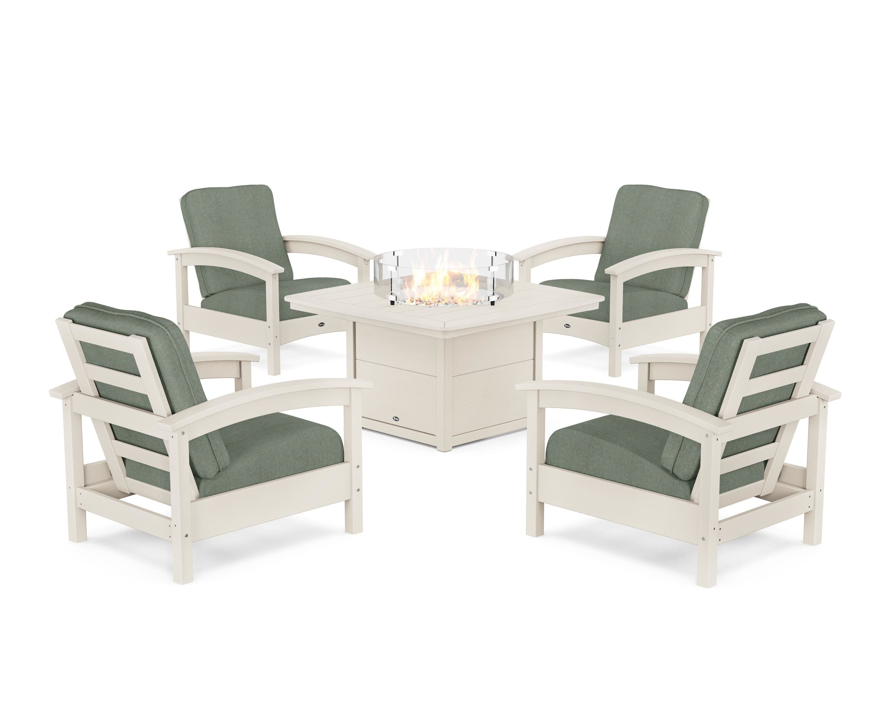 Rockport 5-Piece Deep Seating Set with Yacht Club Fire Pit Table in Sand Castle / Cast Sage
