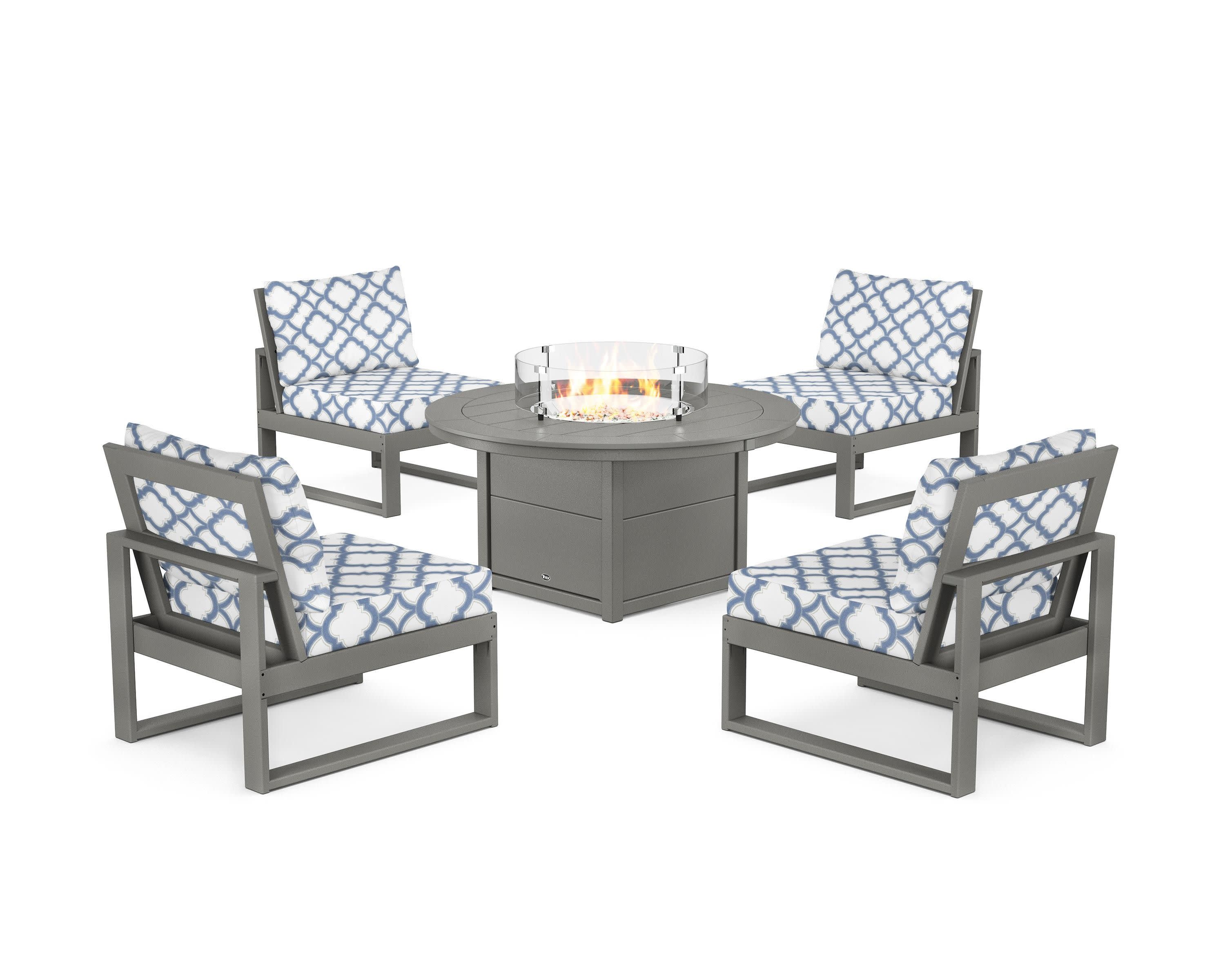 Eastport Modular 5-Piece Deep Seating Set with Round Fire Pit Table in Stepping Stone / Trellis Sky Blue