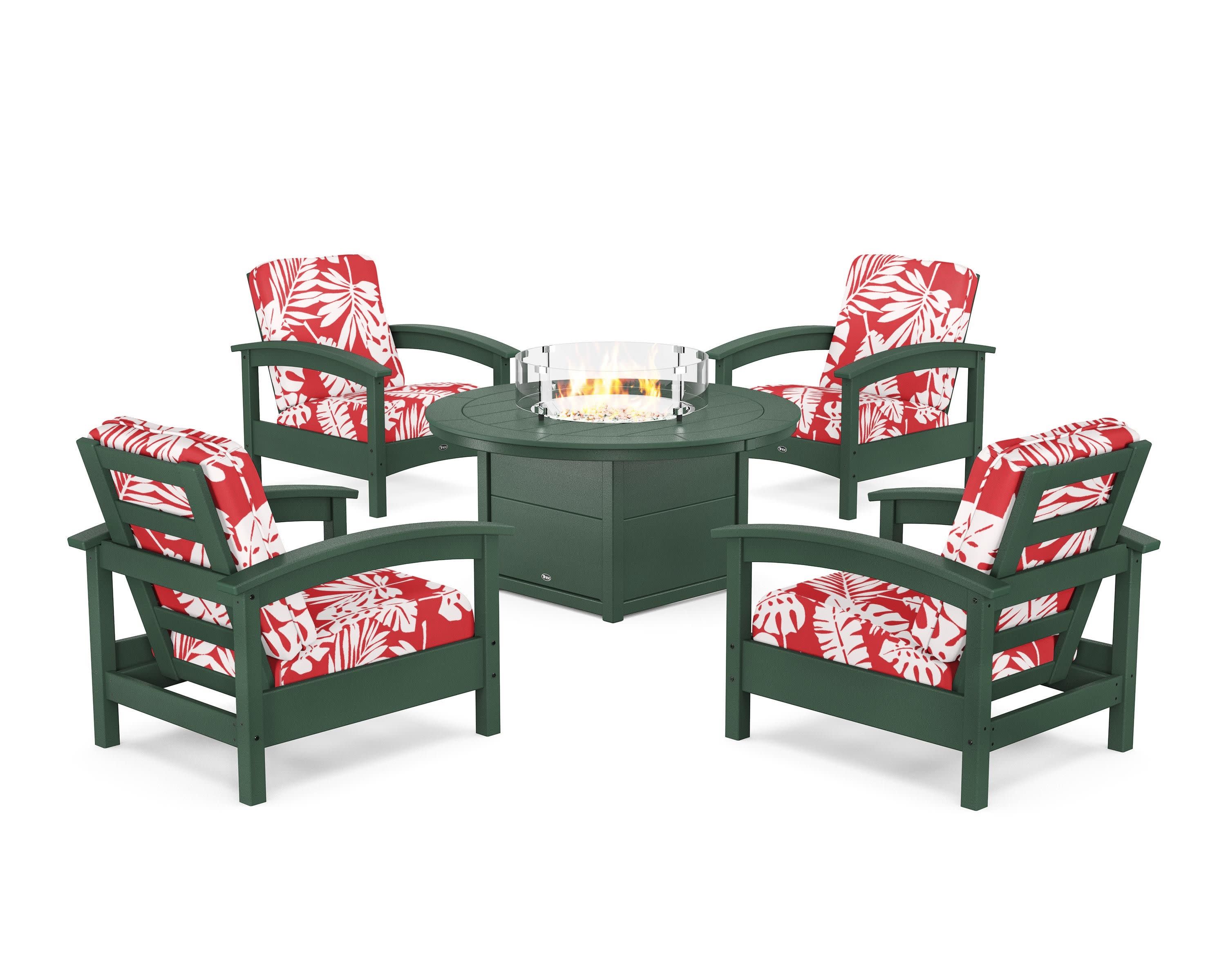 Rockport 5-Piece Deep Seating Set with Round Fire Pit Table in Rainforest Canopy / Leaf Crimson
