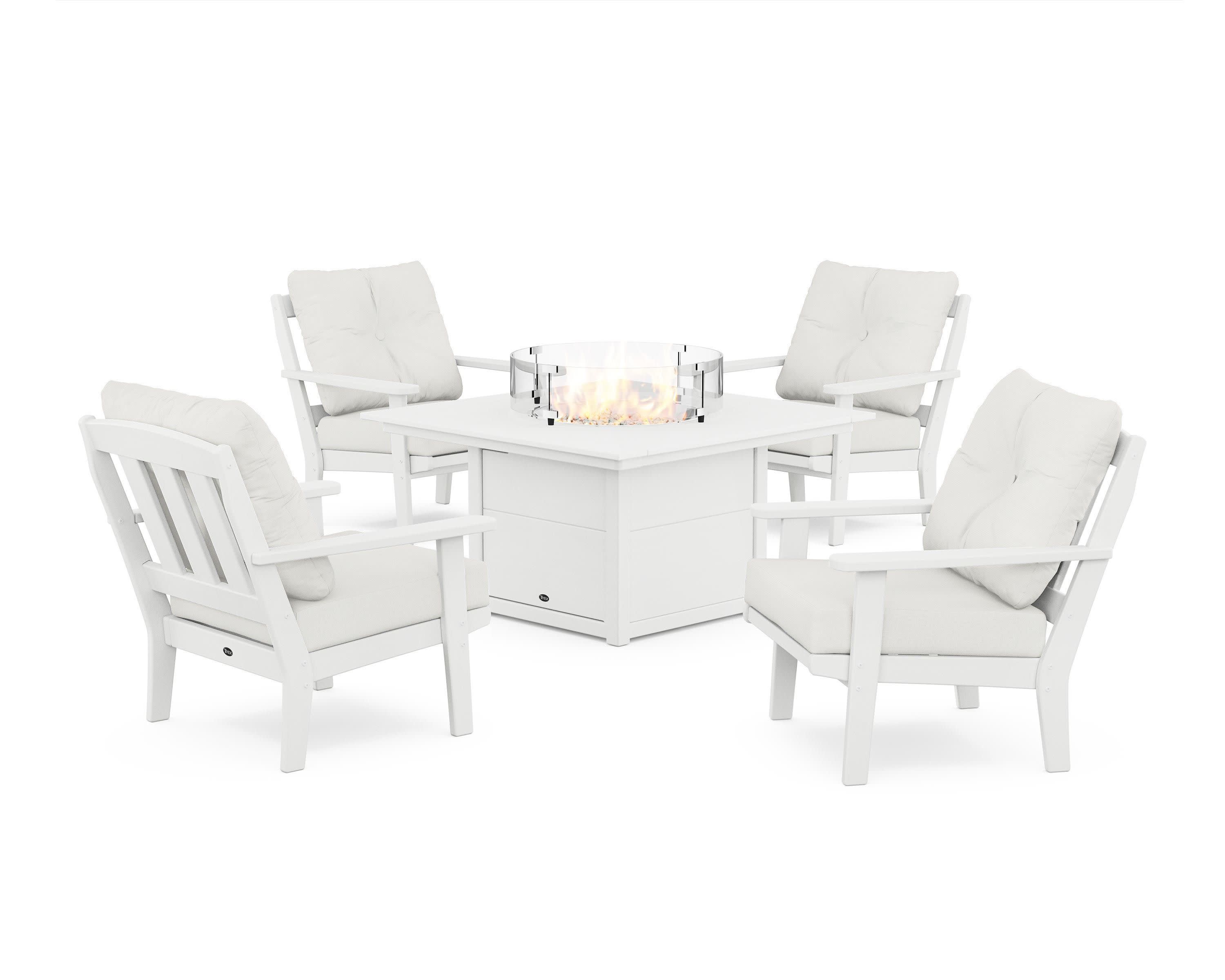 Cape Cod 5-Piece Deep Seating Set with Fire Pit Table in Classic White / Natural Linen