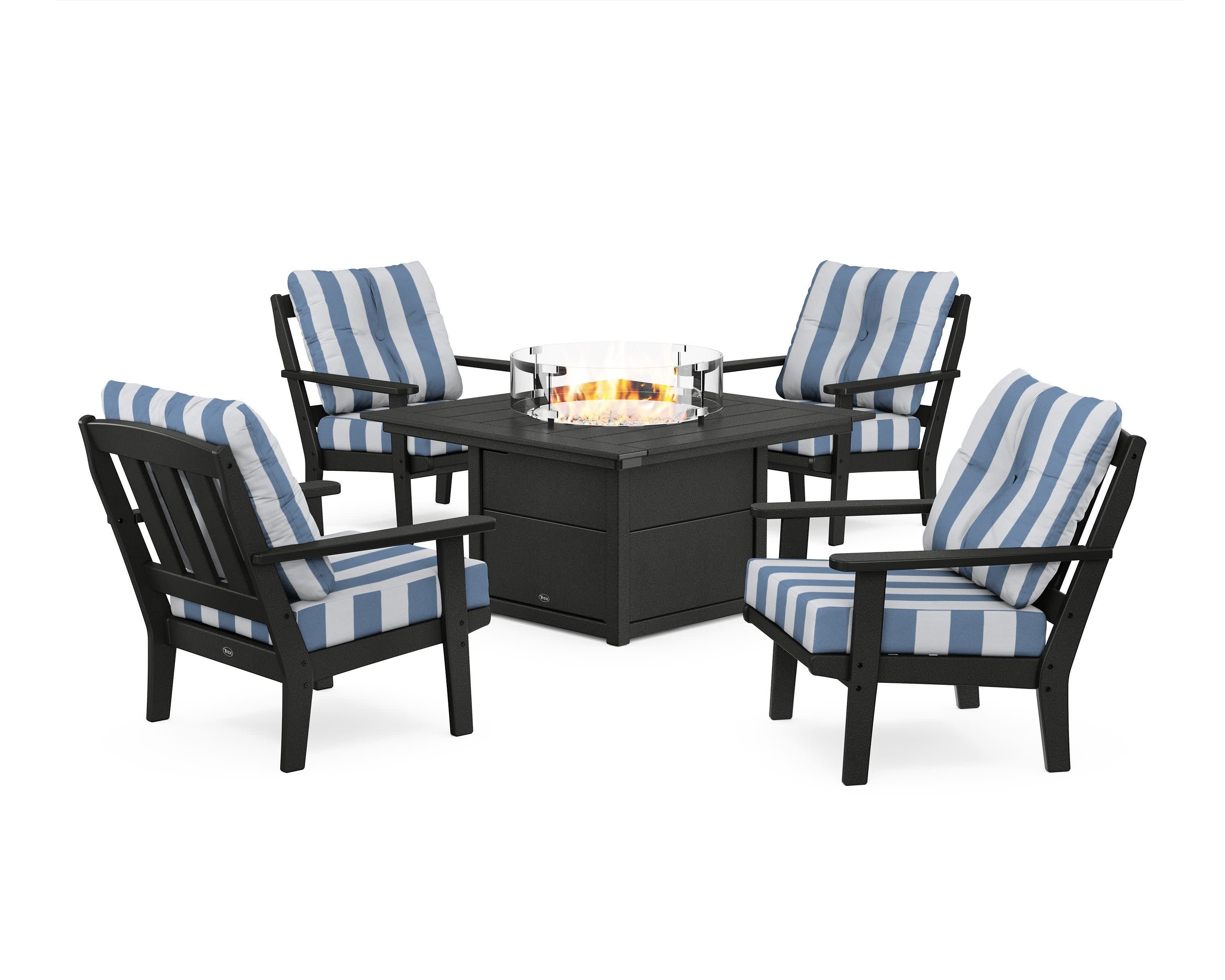 Cape Cod 5-Piece Deep Seating Set with Fire Pit Table in Charcoal Black / Cabana Stripe Sky Blue