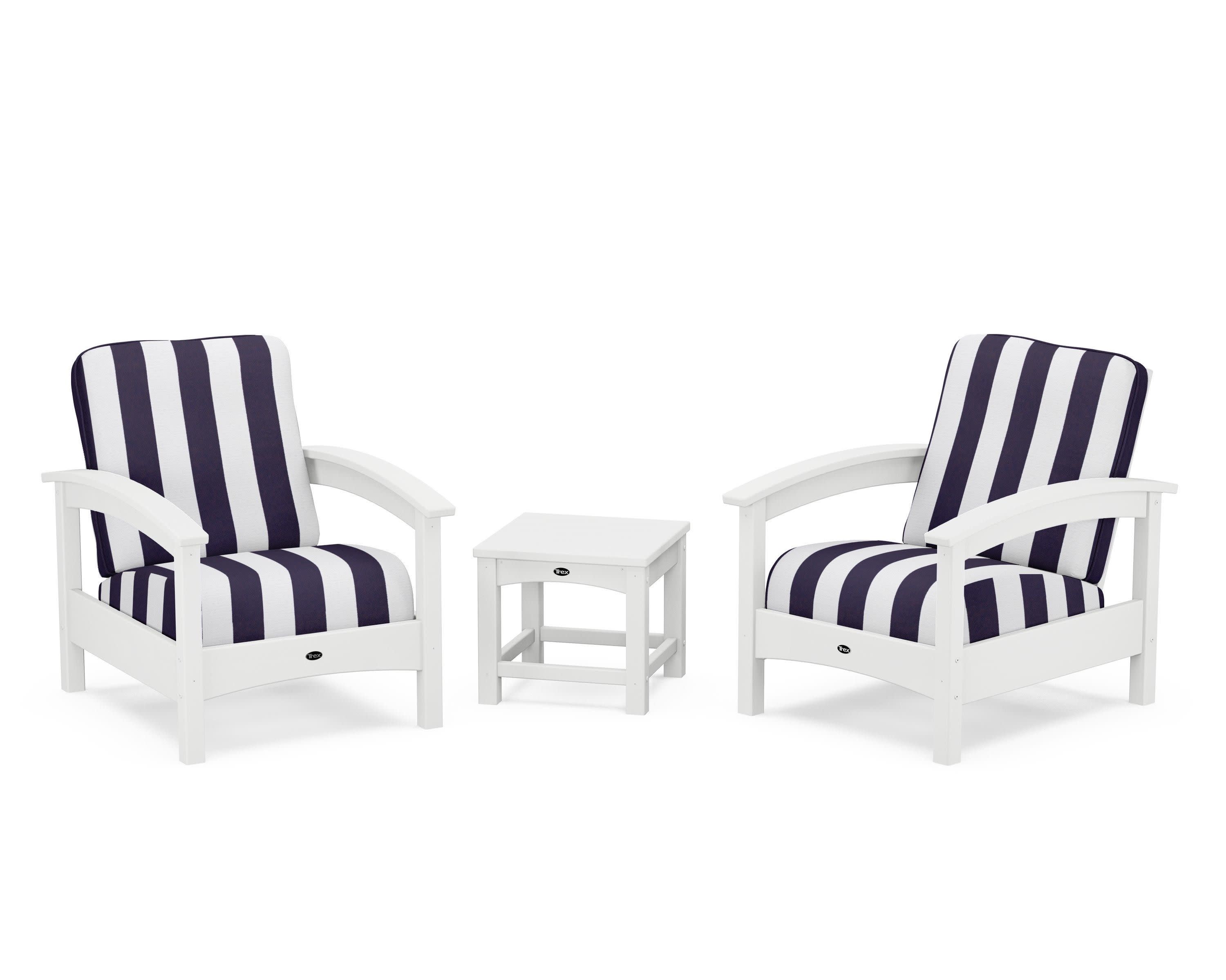 Rockport Club 3-Piece Deep Seating Conversation Set in Classic White / Cabana Stripe Navy