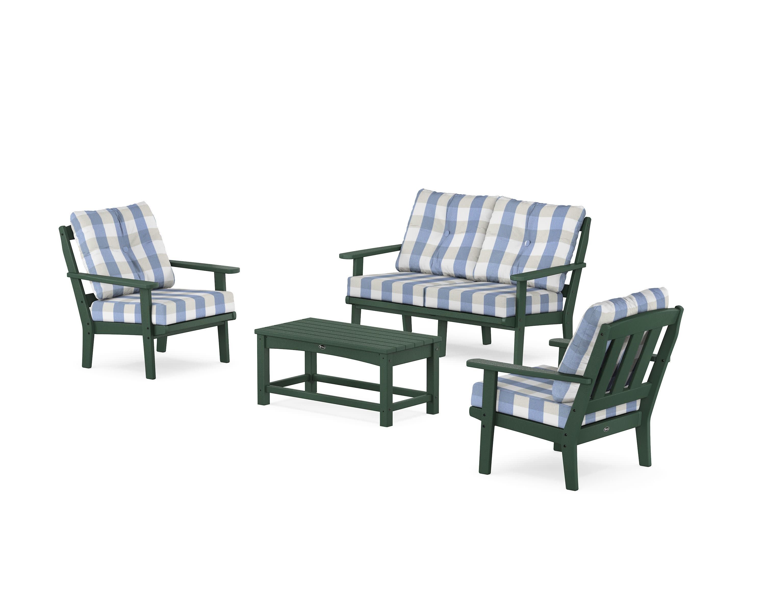 Cape Cod 4-Piece Deep Seating Set with Loveseat in Rainforest Canopy / Buffalo Plaid Sky Blue