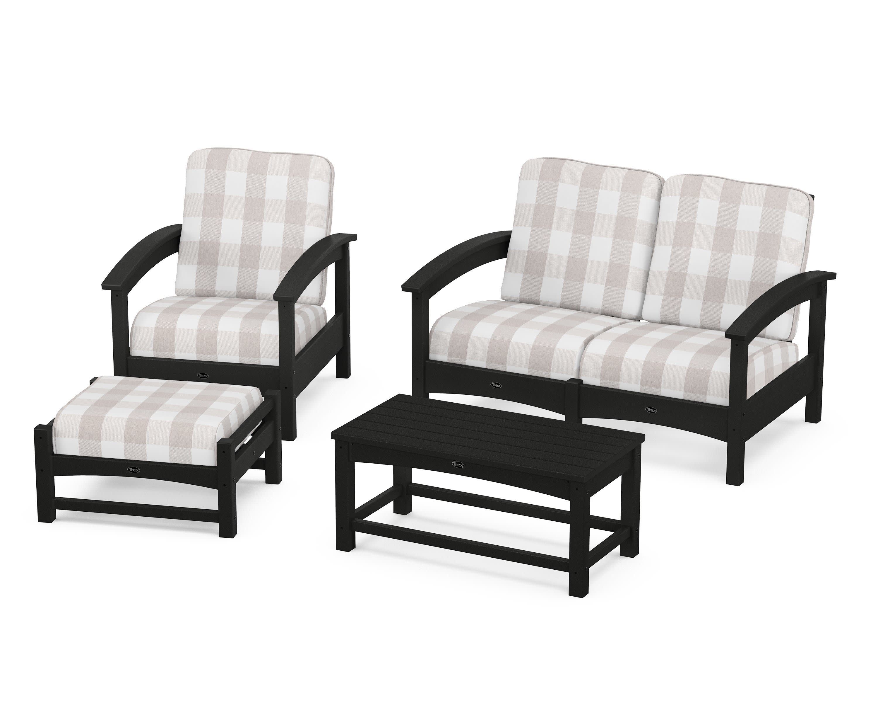 Rockport 4-Piece Deep Seating Conversation Group in Charcoal Black / Buffalo Plaid Dune Burlap