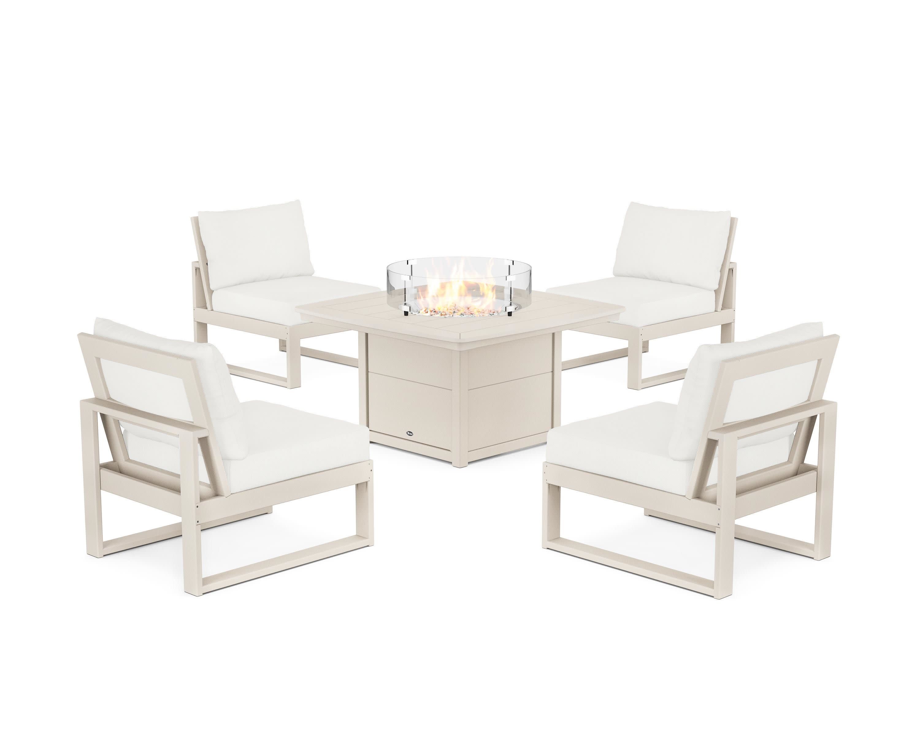 Eastport Modular 5-Piece Deep Seating Set with Yacht Club Fire Pit Table in Sand Castle / Natural Linen