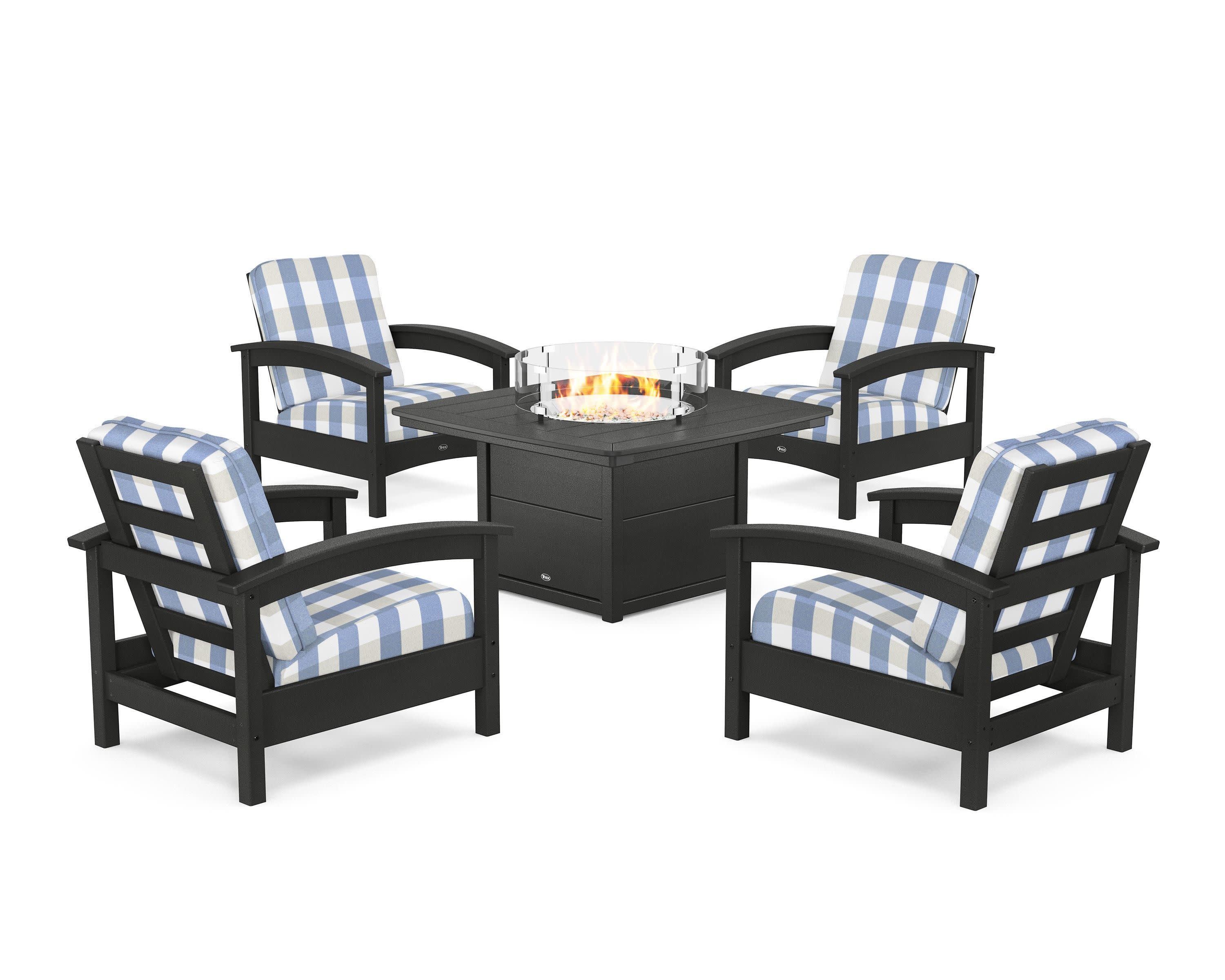 Rockport 5-Piece Deep Seating Set with Yacht Club Fire Pit Table in Charcoal Black / Buffalo Plaid Sky Blue