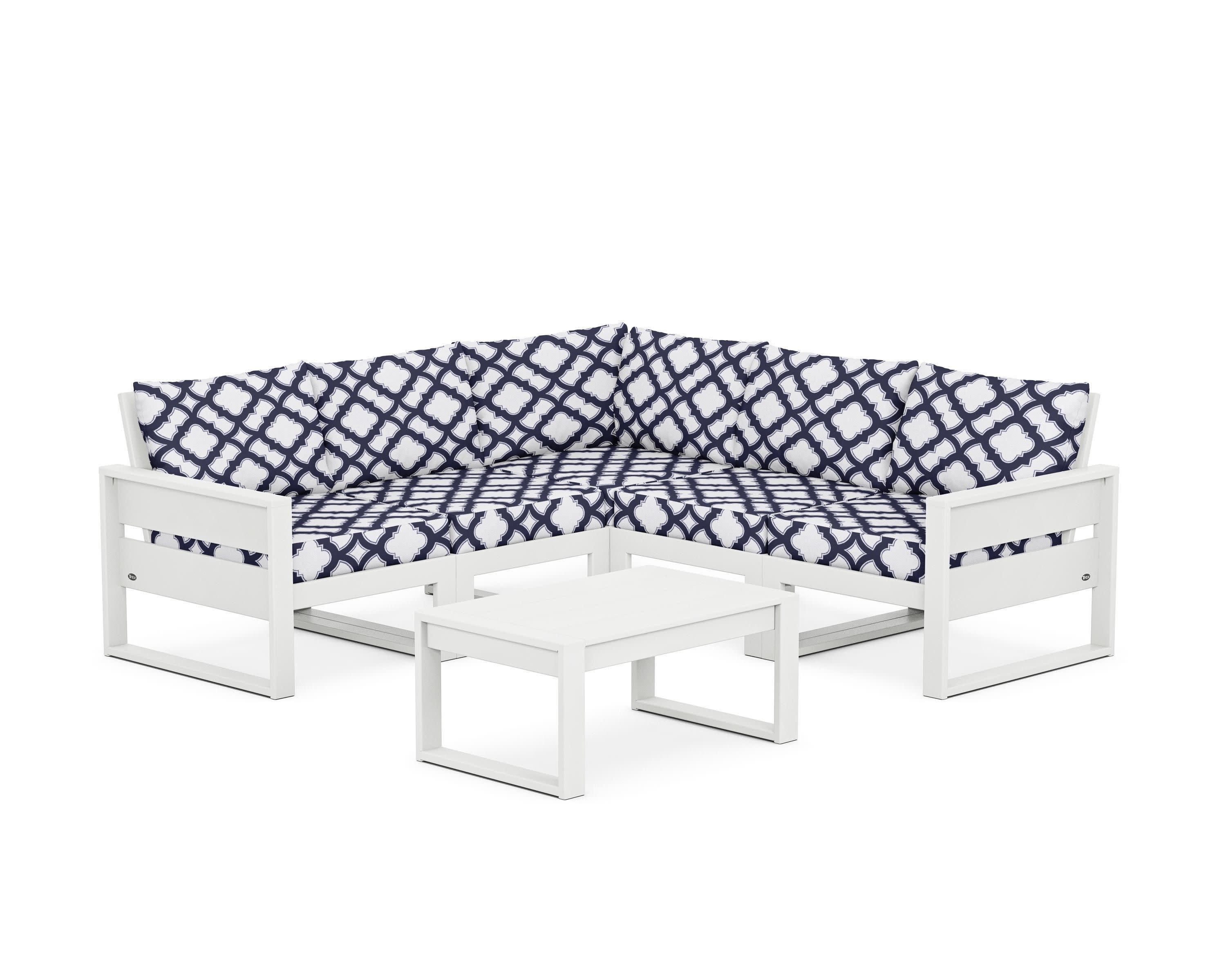 Eastport 6-Piece Deep Seating Sectional + Coffee Table Set in Classic White / Trellis Navy