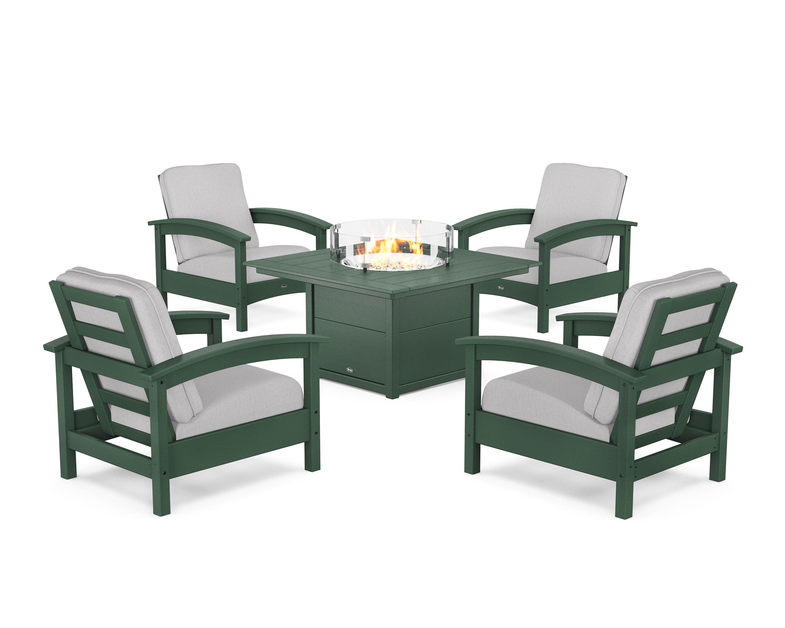 Rockport 5-Piece Deep Seating Set with Square Fire Pit Table in Rainforest Canopy / Granite