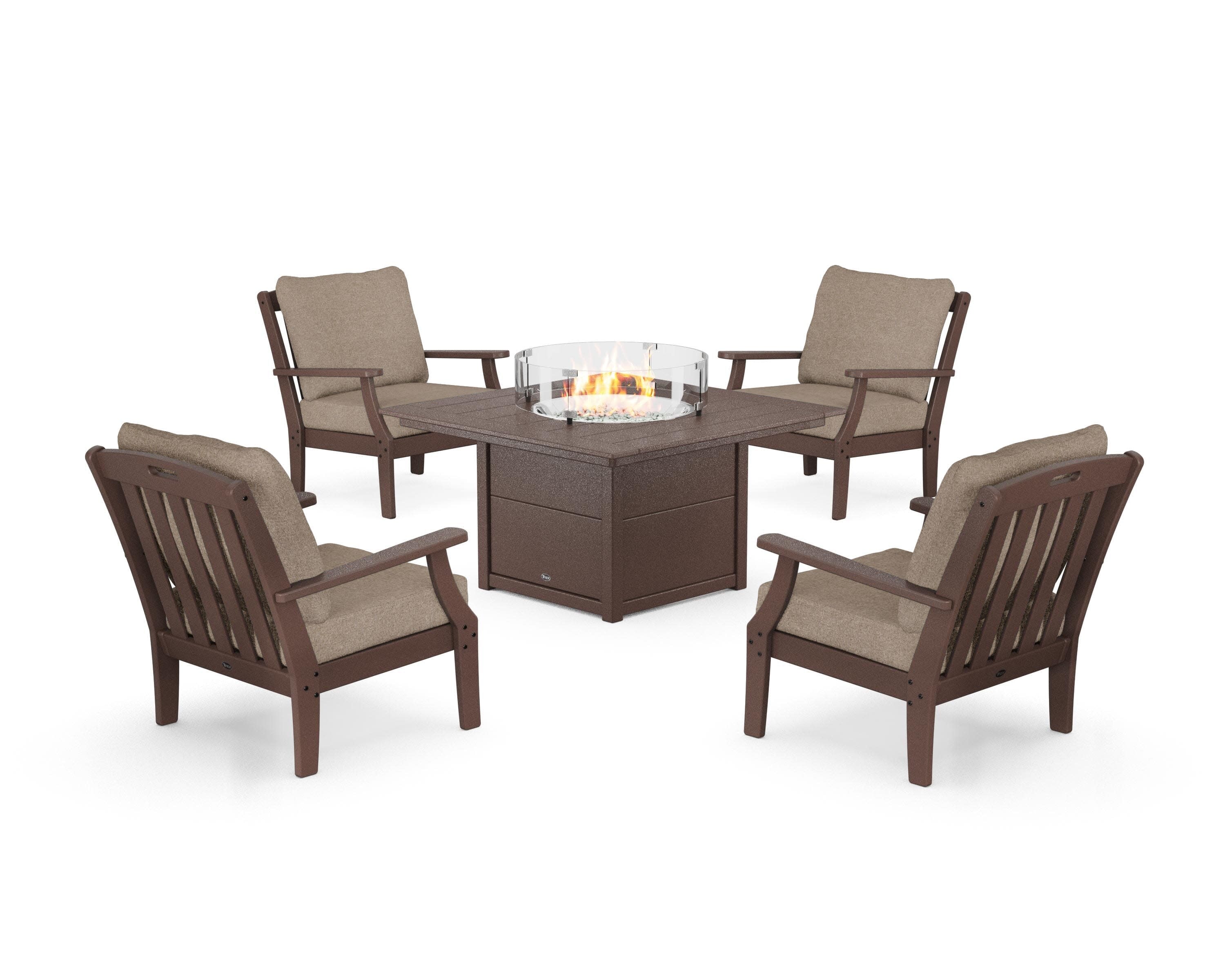 Yacht Club 5-Piece Deep Seating Set with Square Fire Pit Table in Vintage Lantern / Spiced Burlap