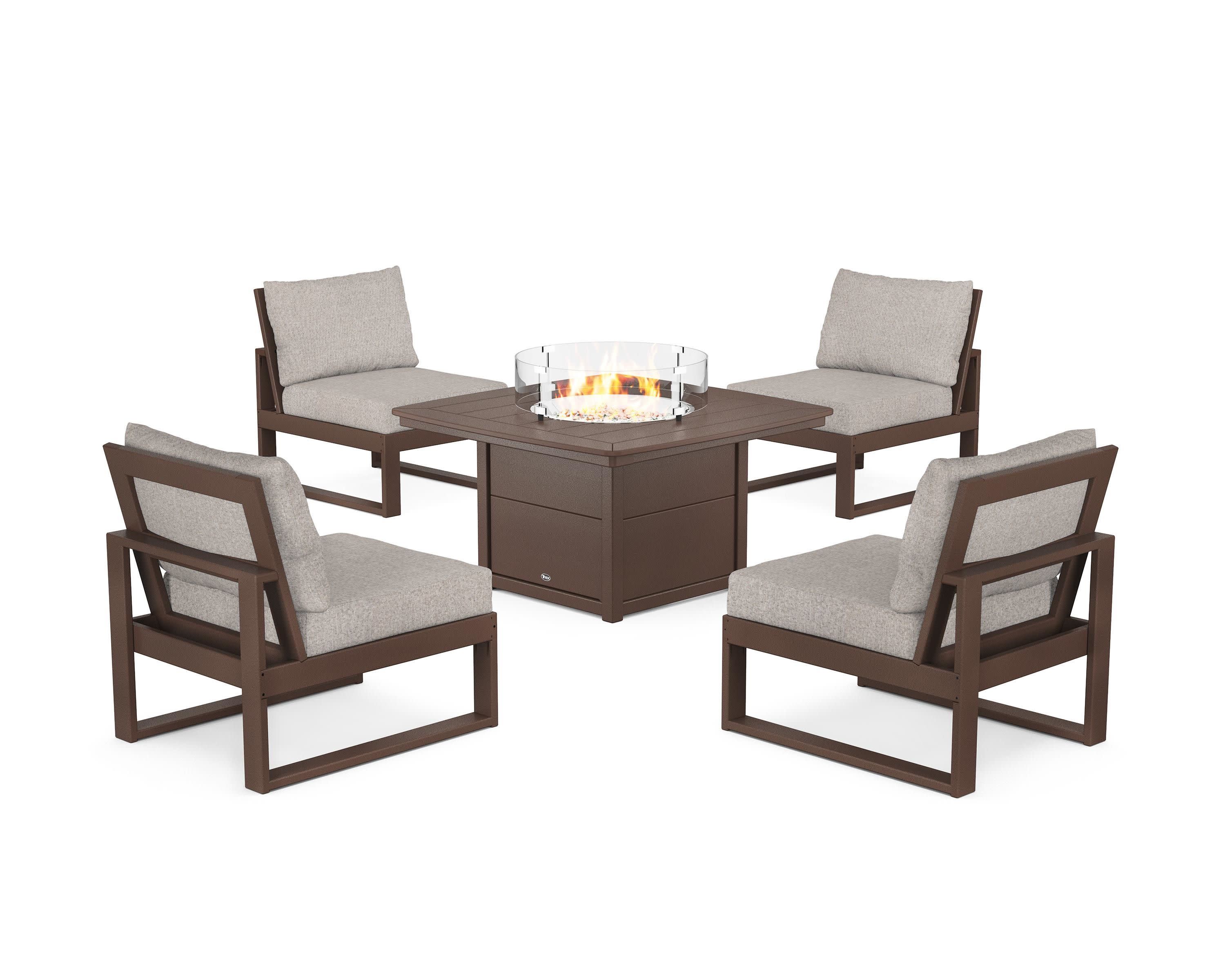 Eastport Modular 5-Piece Deep Seating Set with Yacht Club Fire Pit Table in Vintage Lantern / Weathered Tweed