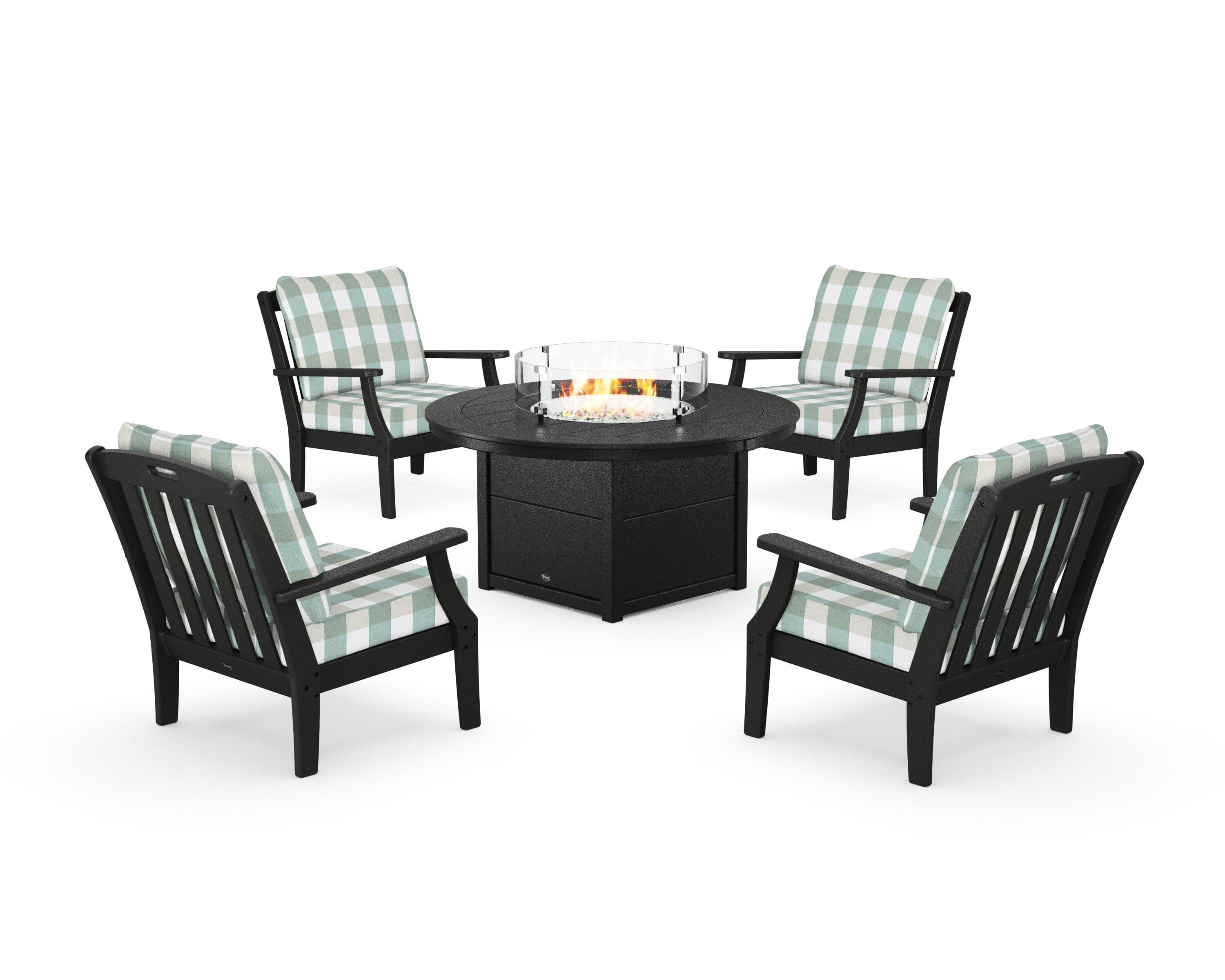 Yacht Club 5-Piece Deep Seating Set with Round Fire Pit Table in Charcoal Black / Buffalo Plaid Glacier Spa