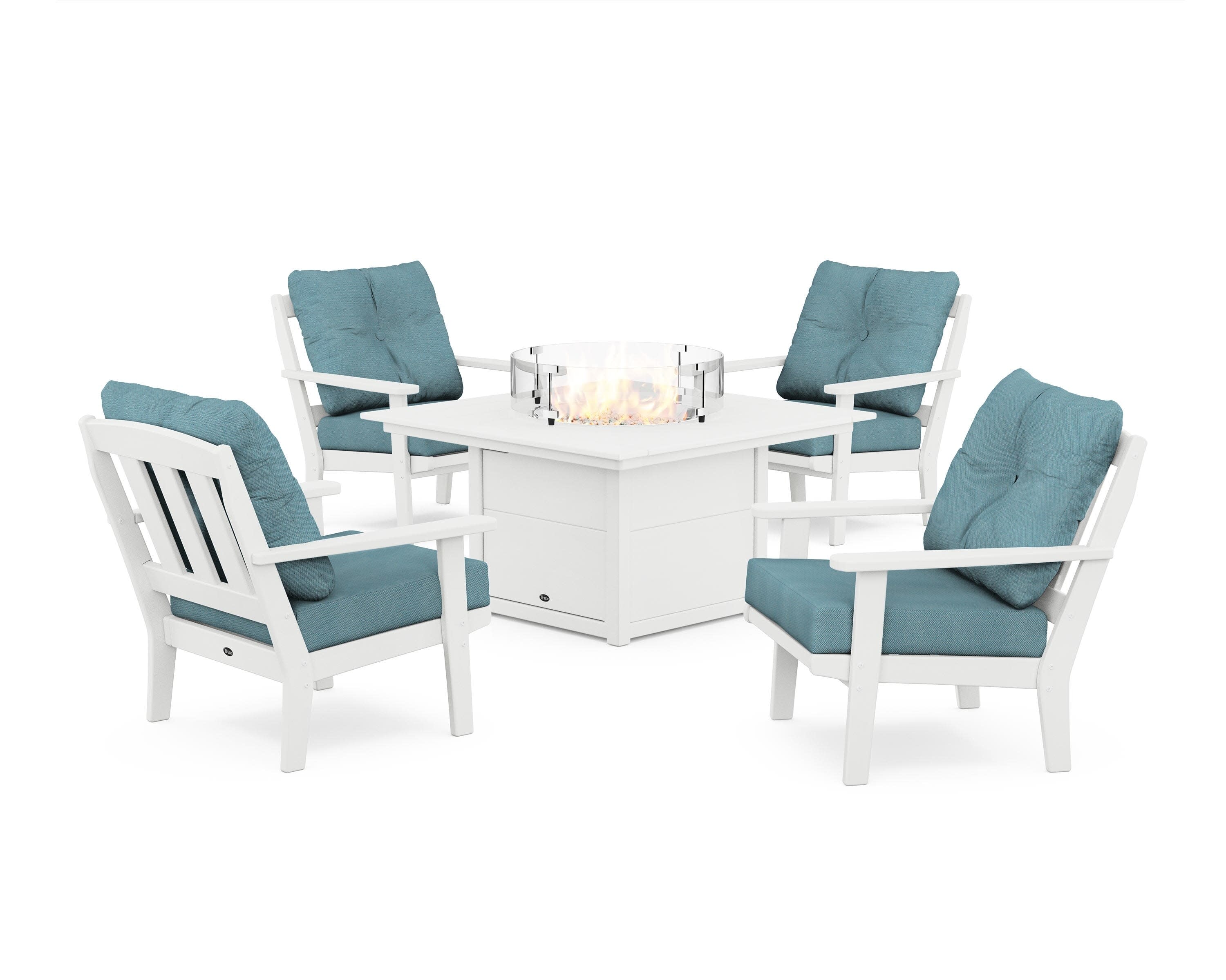 Cape Cod 5-Piece Deep Seating Set with Fire Pit Table in Classic White / Lattice Sky Blue