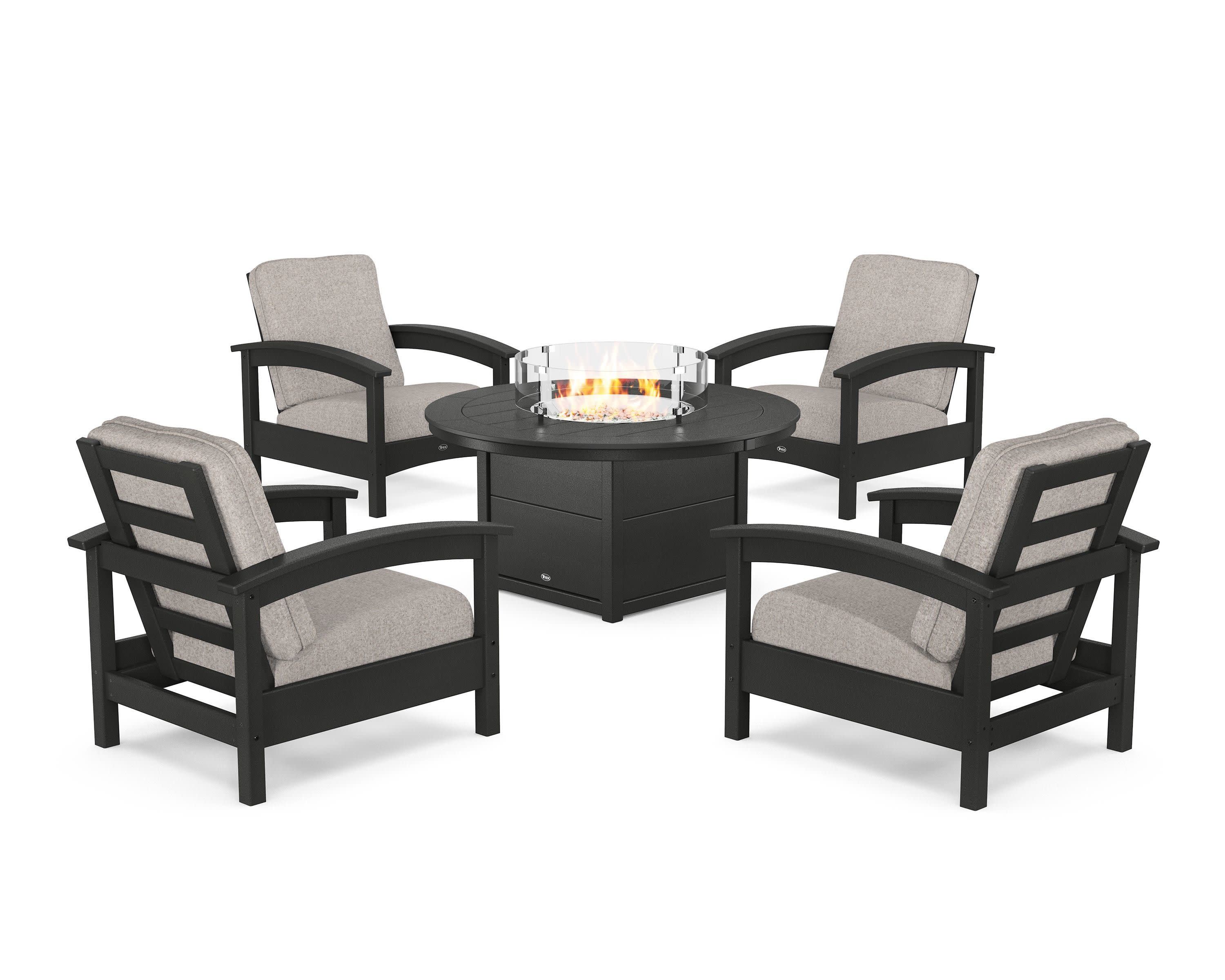 Rockport 5-Piece Deep Seating Set with Round Fire Pit Table in Charcoal Black / Weathered Tweed