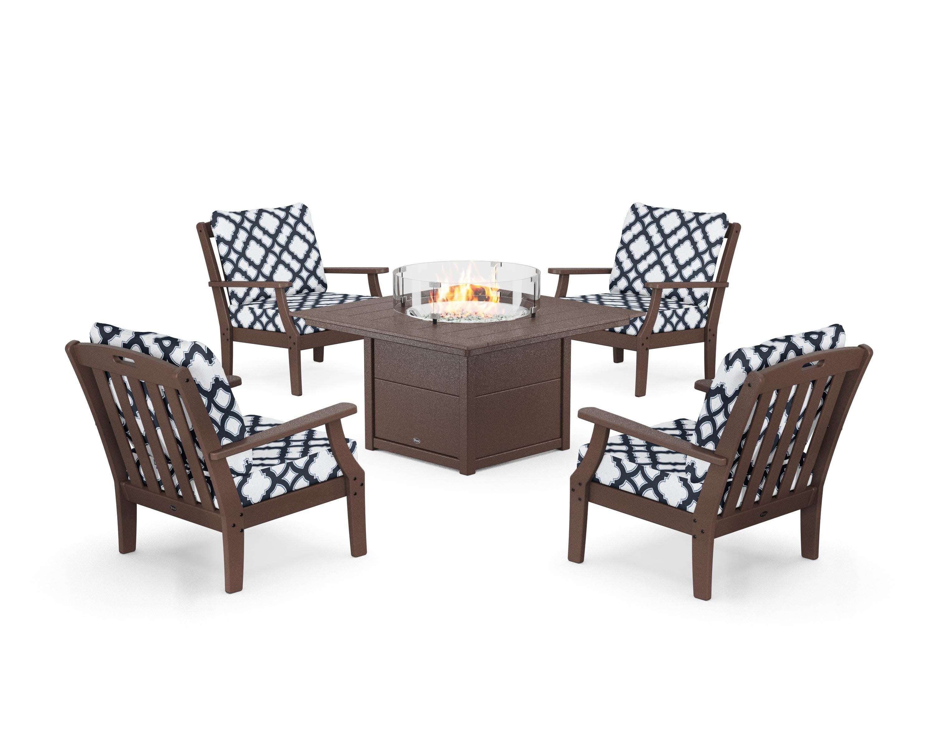 Yacht Club 5-Piece Deep Seating Set with Square Fire Pit Table in Vintage Lantern / Trellis Marine Indigo