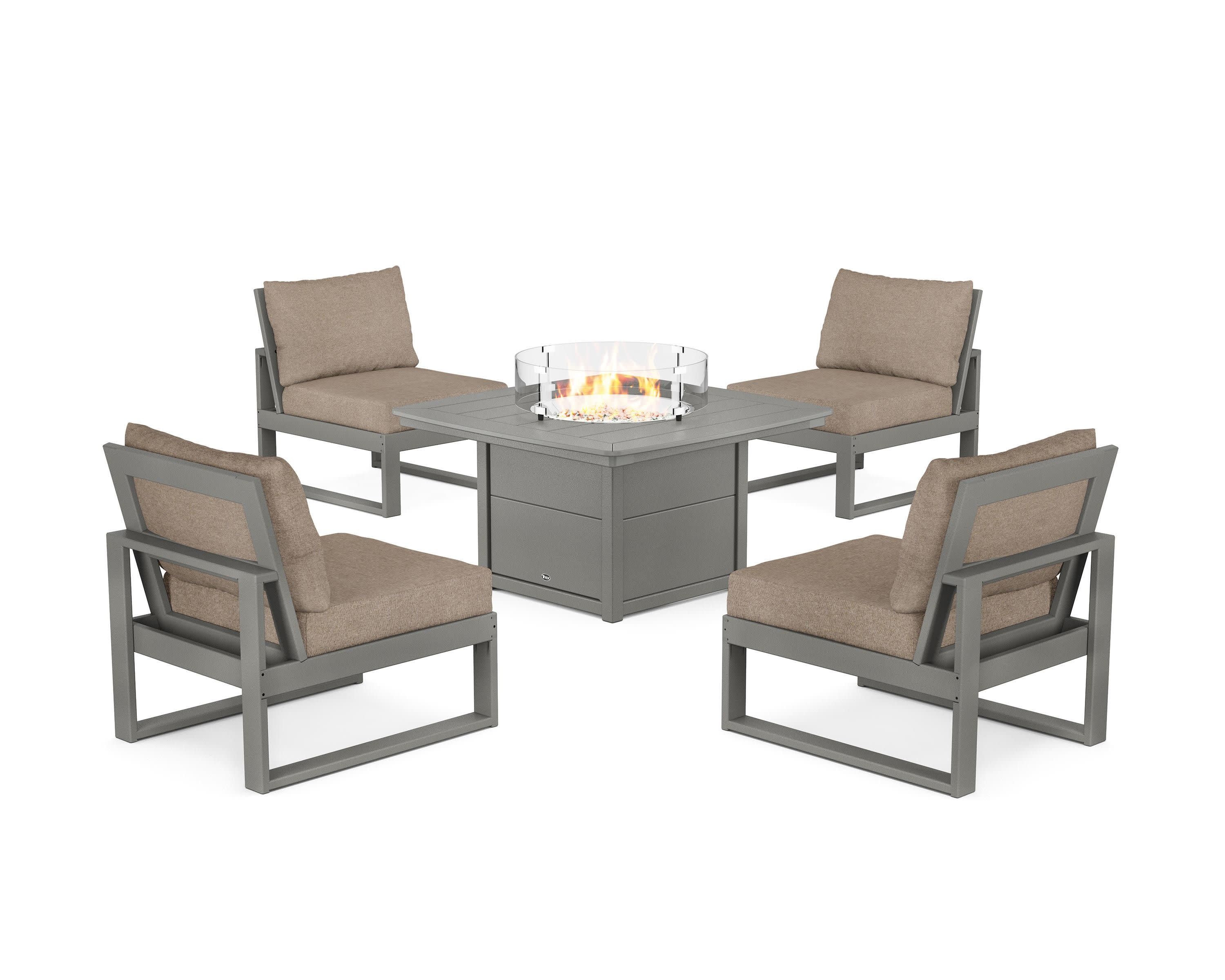 Eastport Modular 5-Piece Deep Seating Set with Yacht Club Fire Pit Table in Stepping Stone / Spiced Burlap
