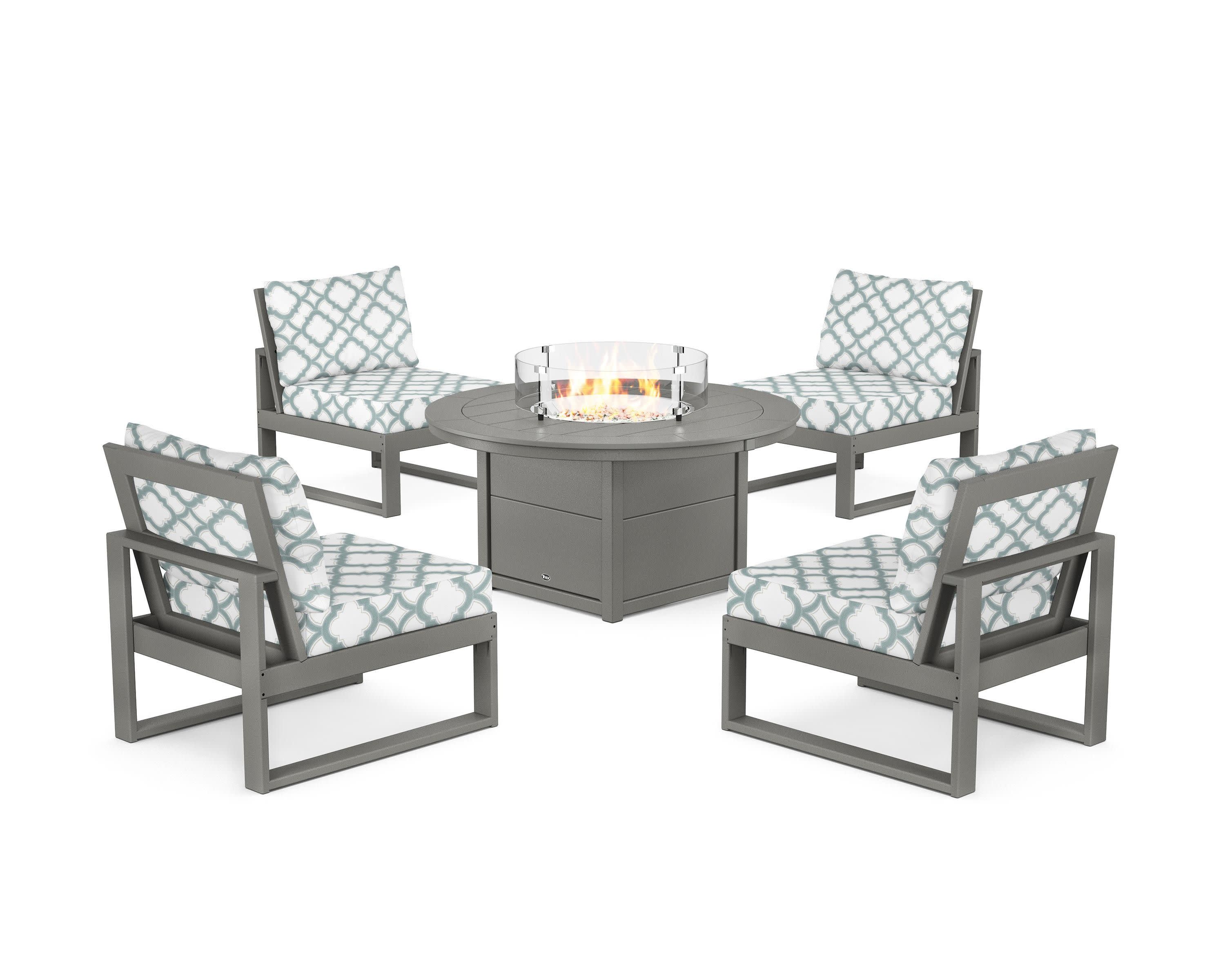 Eastport Modular 5-Piece Deep Seating Set with Round Fire Pit Table in Stepping Stone / Trellis Glacier Spa