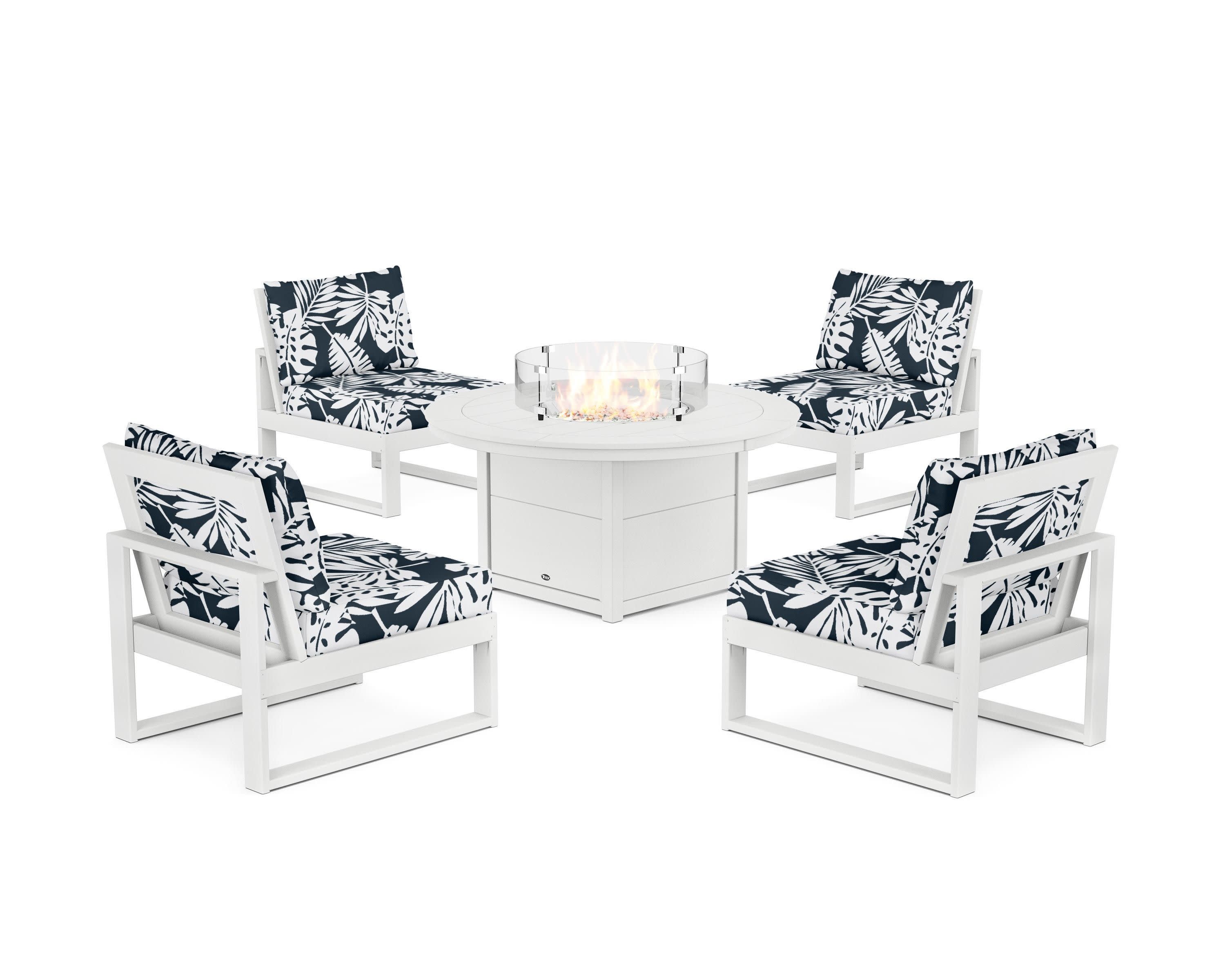 Eastport Modular 5-Piece Deep Seating Set with Round Fire Pit Table in Classic White / Leaf Marine Indigo