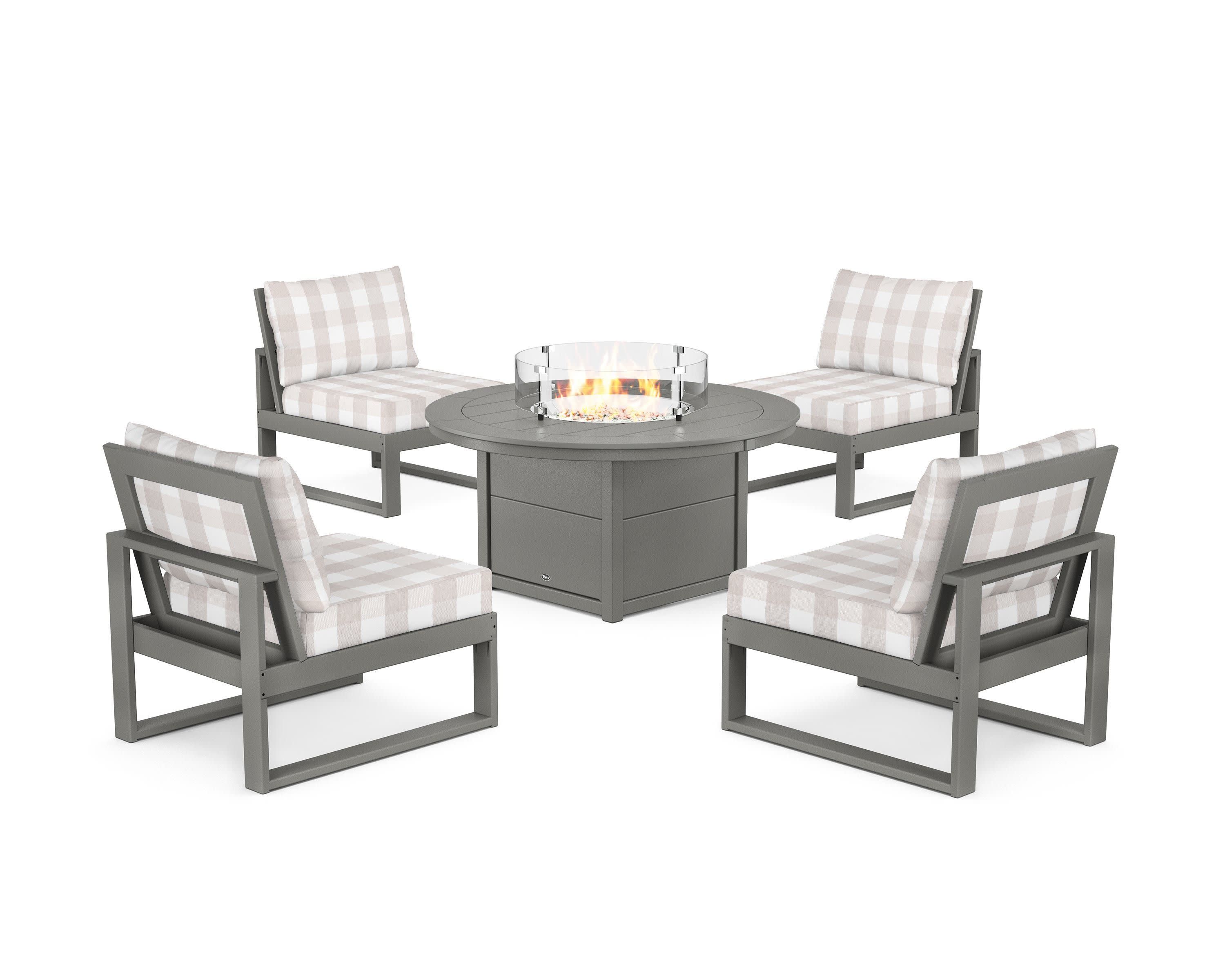 Eastport Modular 5-Piece Deep Seating Set with Round Fire Pit Table in Stepping Stone / Buffalo Plaid Dune Burlap
