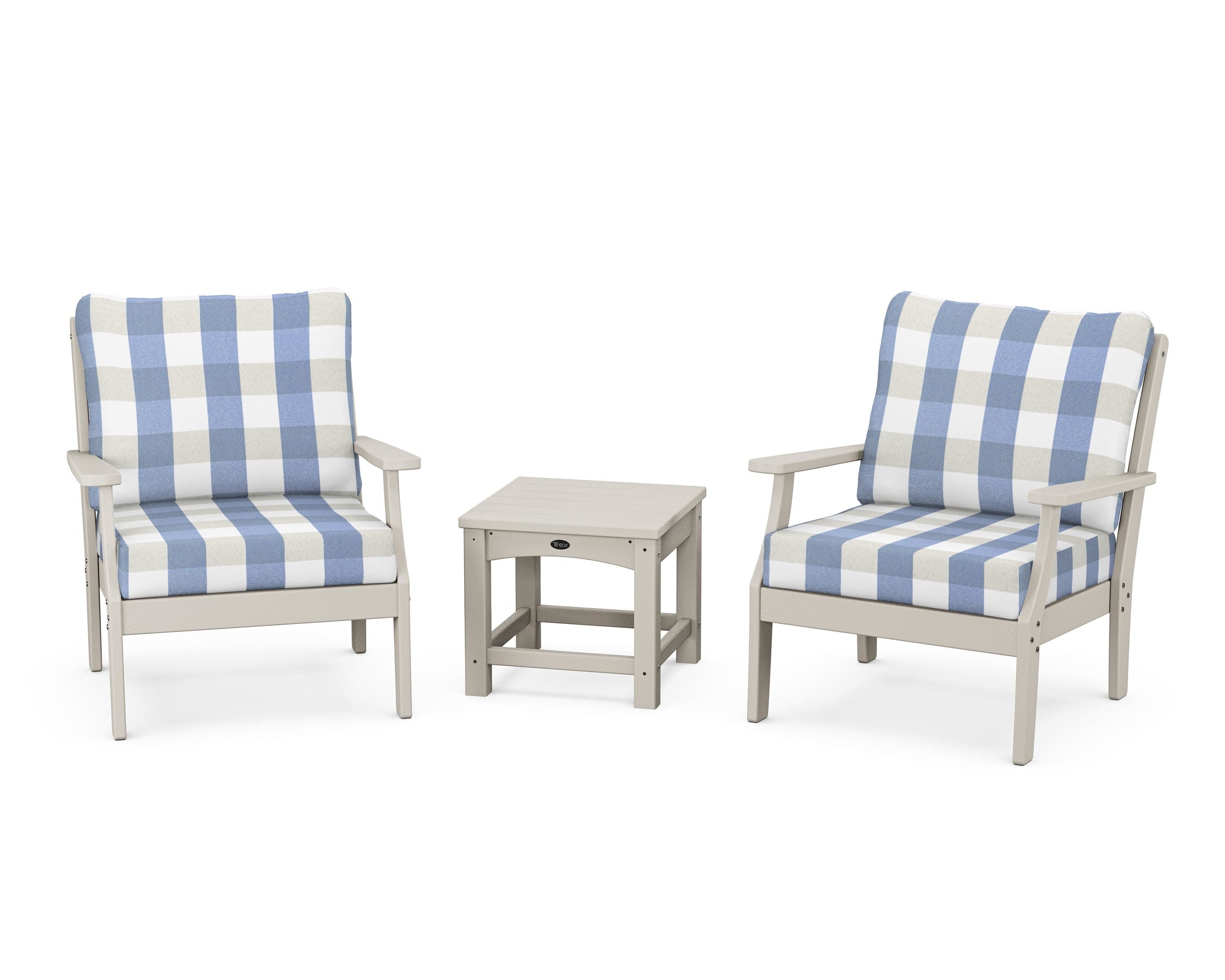 Yacht Club 3-Piece Deep Seating Set in Sand Castle / Buffalo Plaid Sky Blue