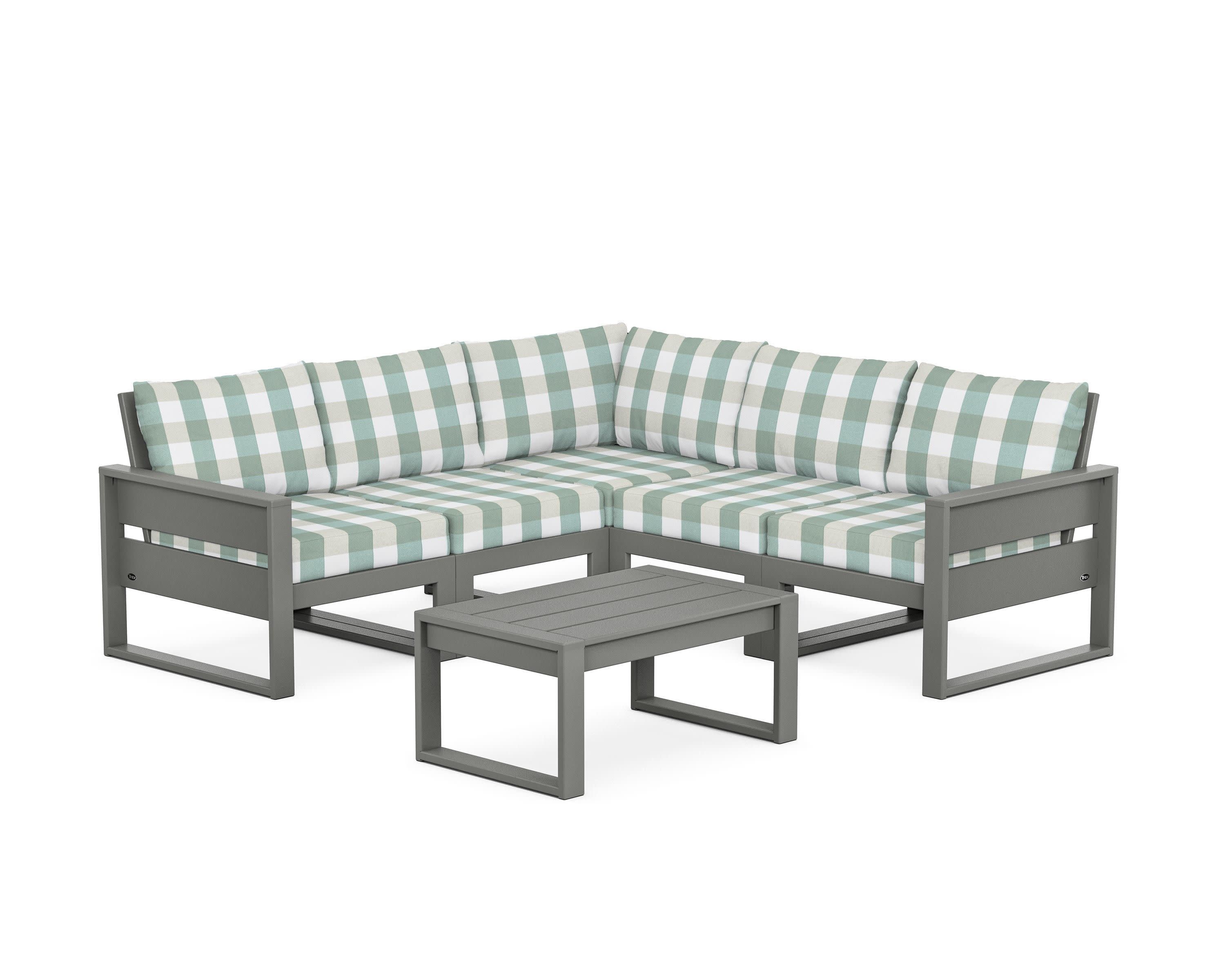 Eastport 6-Piece Deep Seating Sectional + Coffee Table Set in Stepping Stone / Buffalo Plaid Glacier Spa