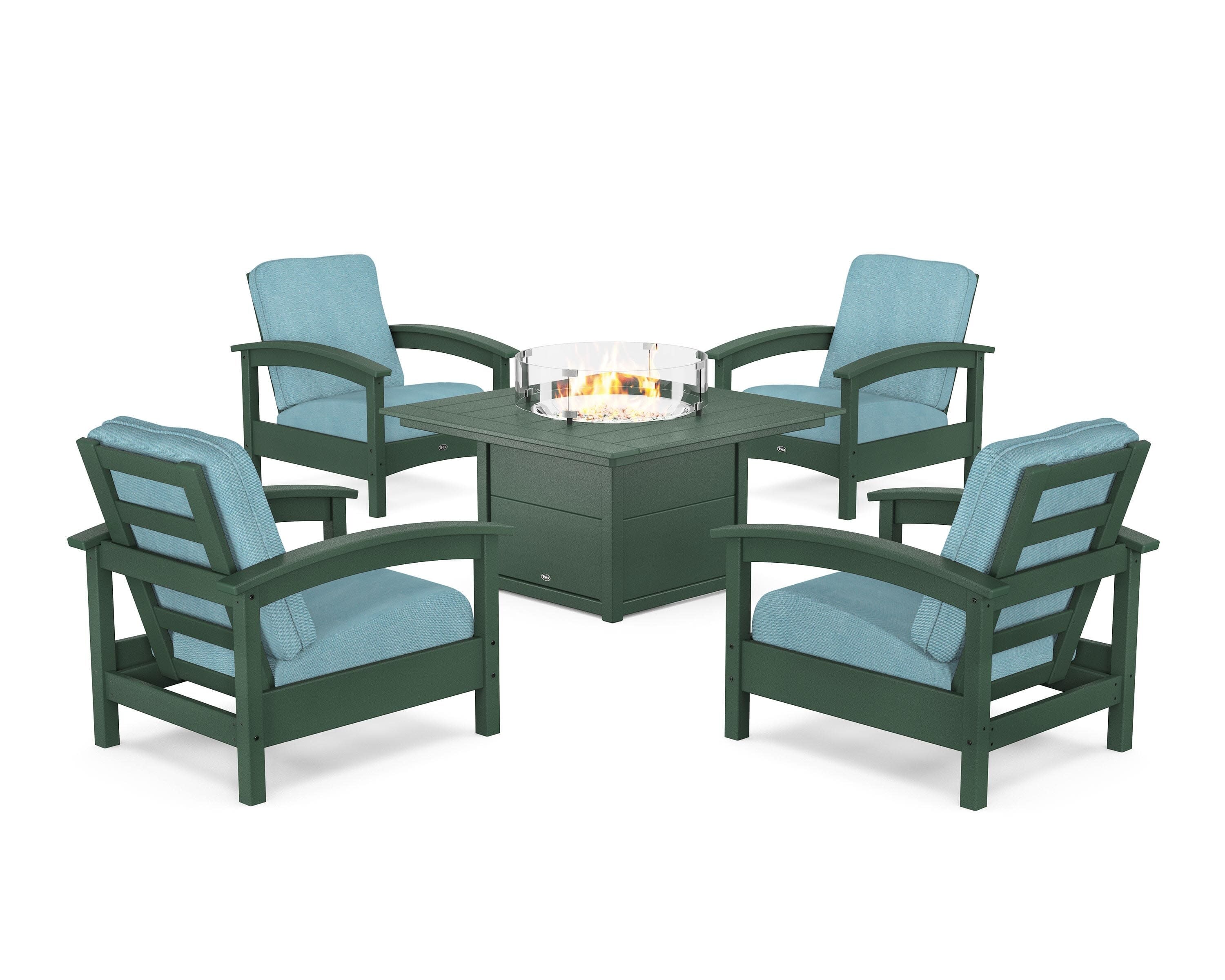 Rockport 5-Piece Deep Seating Set with Square Fire Pit Table in Rainforest Canopy / Lattice Sky Blue