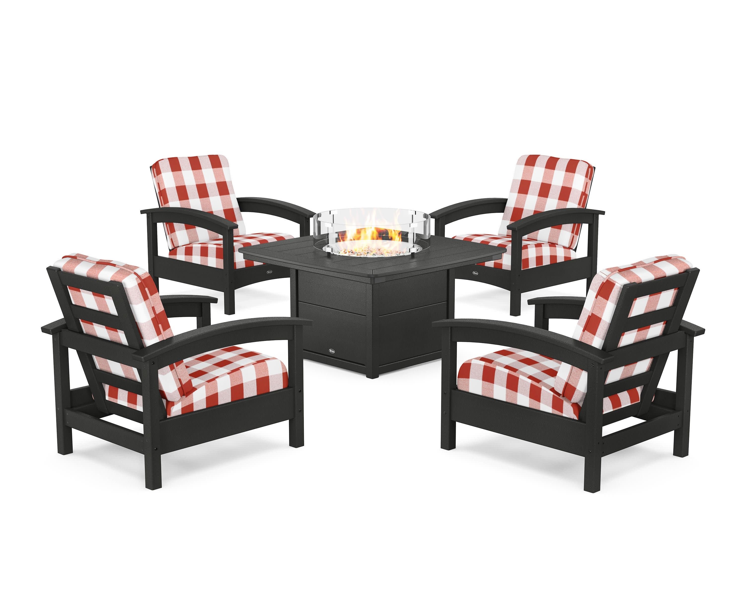 Rockport 5-Piece Deep Seating Set with Yacht Club Fire Pit Table in Charcoal Black / Buffalo Plaid Crimson