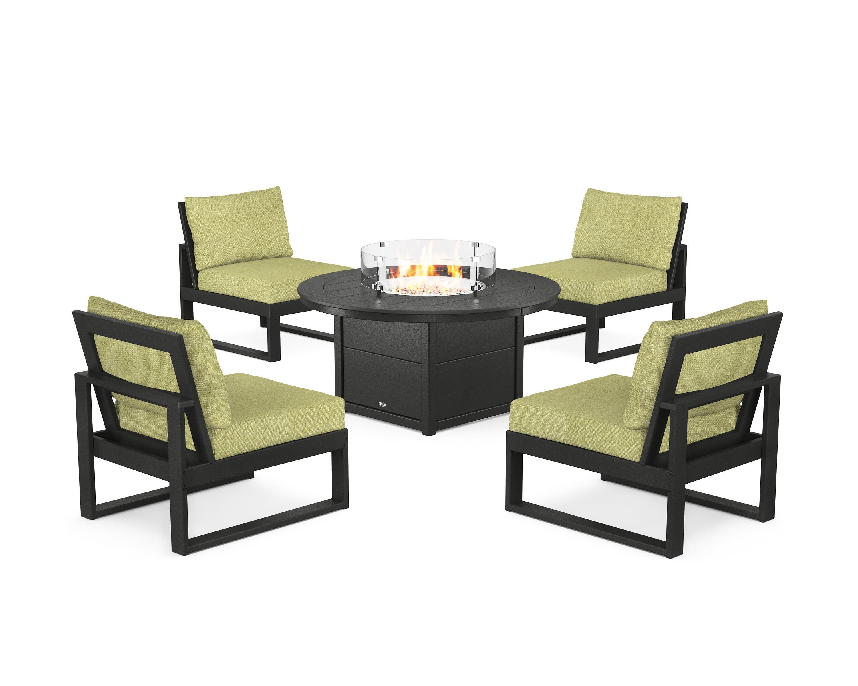 Eastport Modular 5-Piece Deep Seating Set with Round Fire Pit Table in Charcoal Black / Chartreuse Boucle