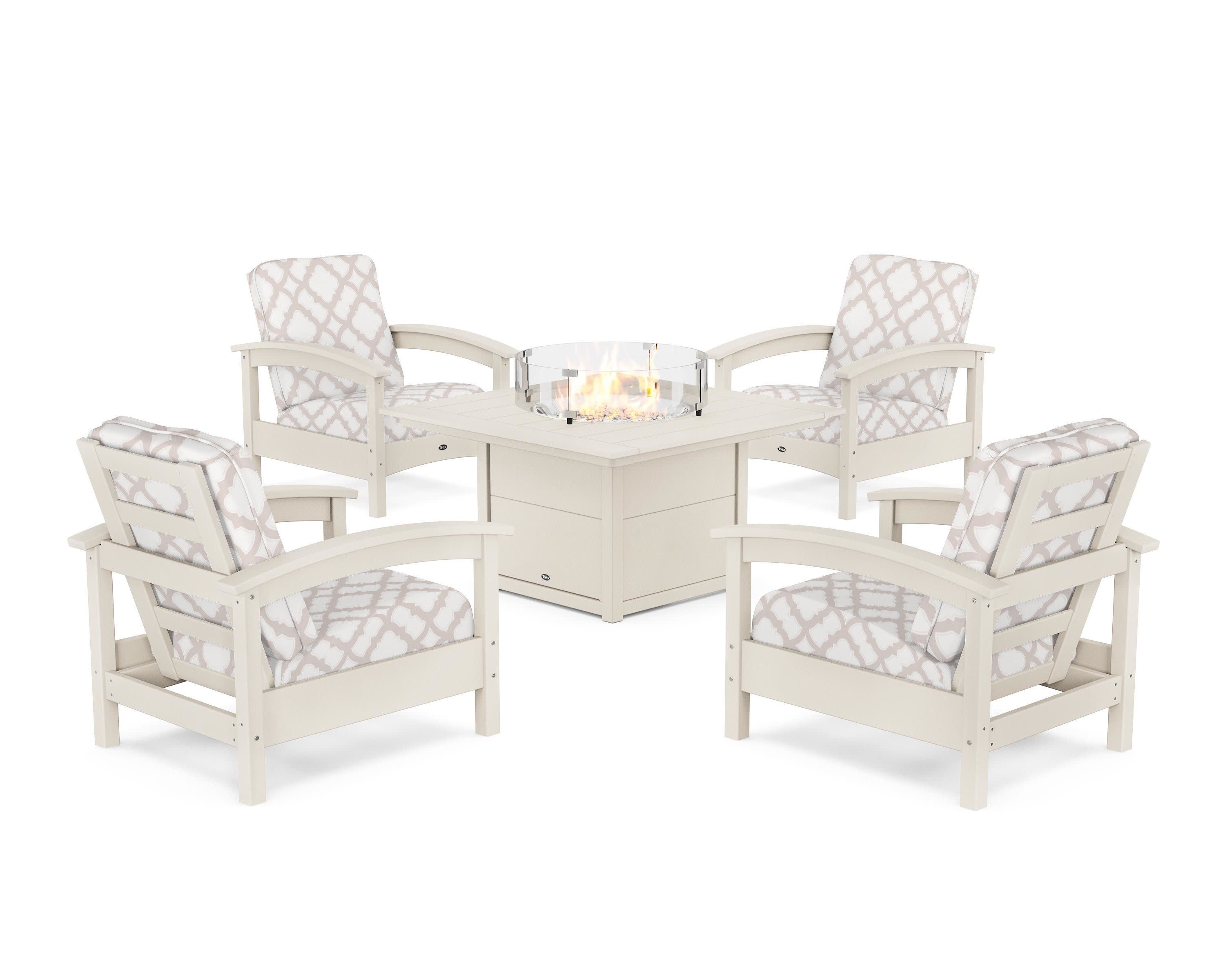 Rockport 5-Piece Deep Seating Set with Square Fire Pit Table in Sand Castle / Trellis Dune Burlap