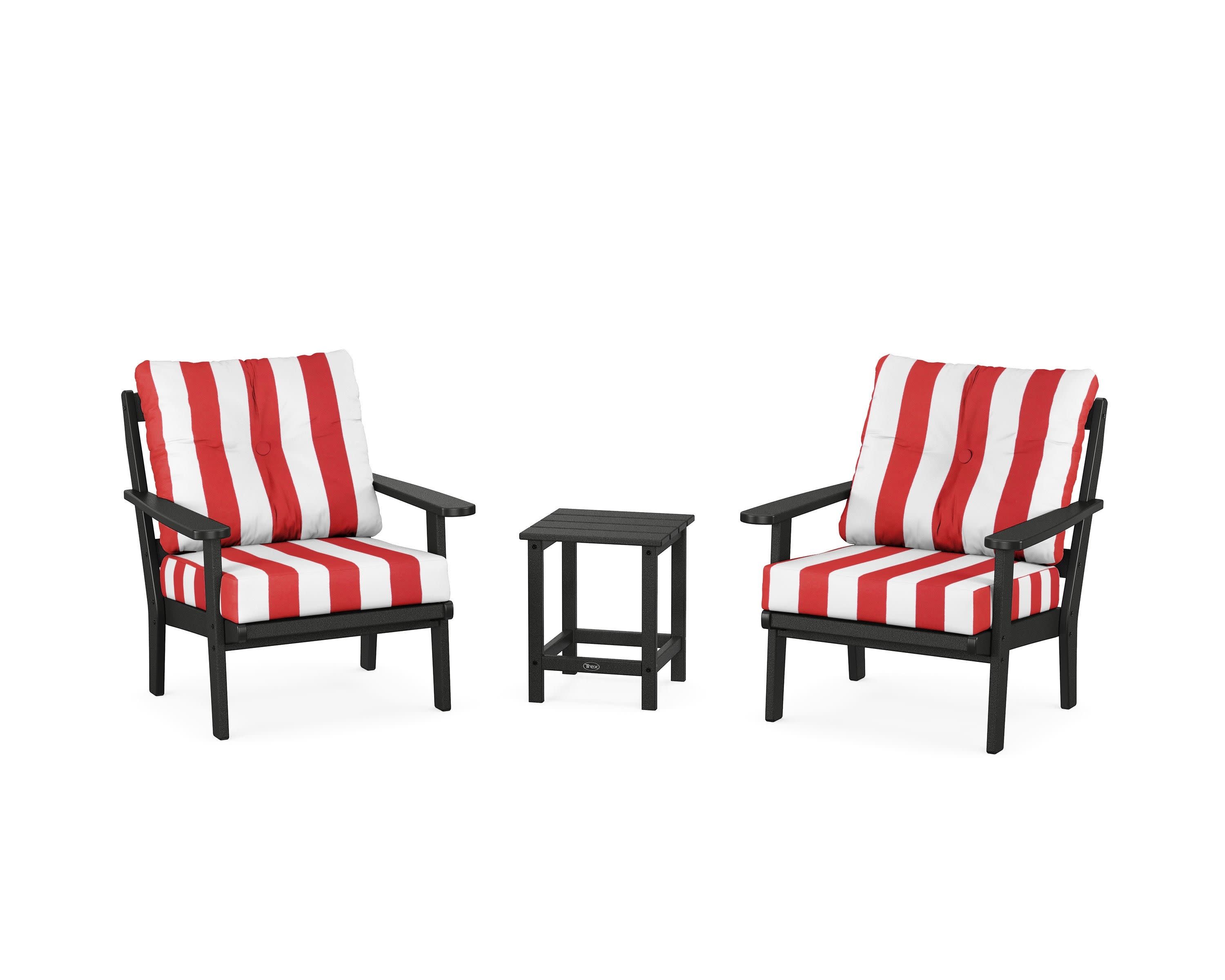 Cape Cod 3-Piece Deep Seating Set in Charcoal Black / Cabana Stripe Crimson