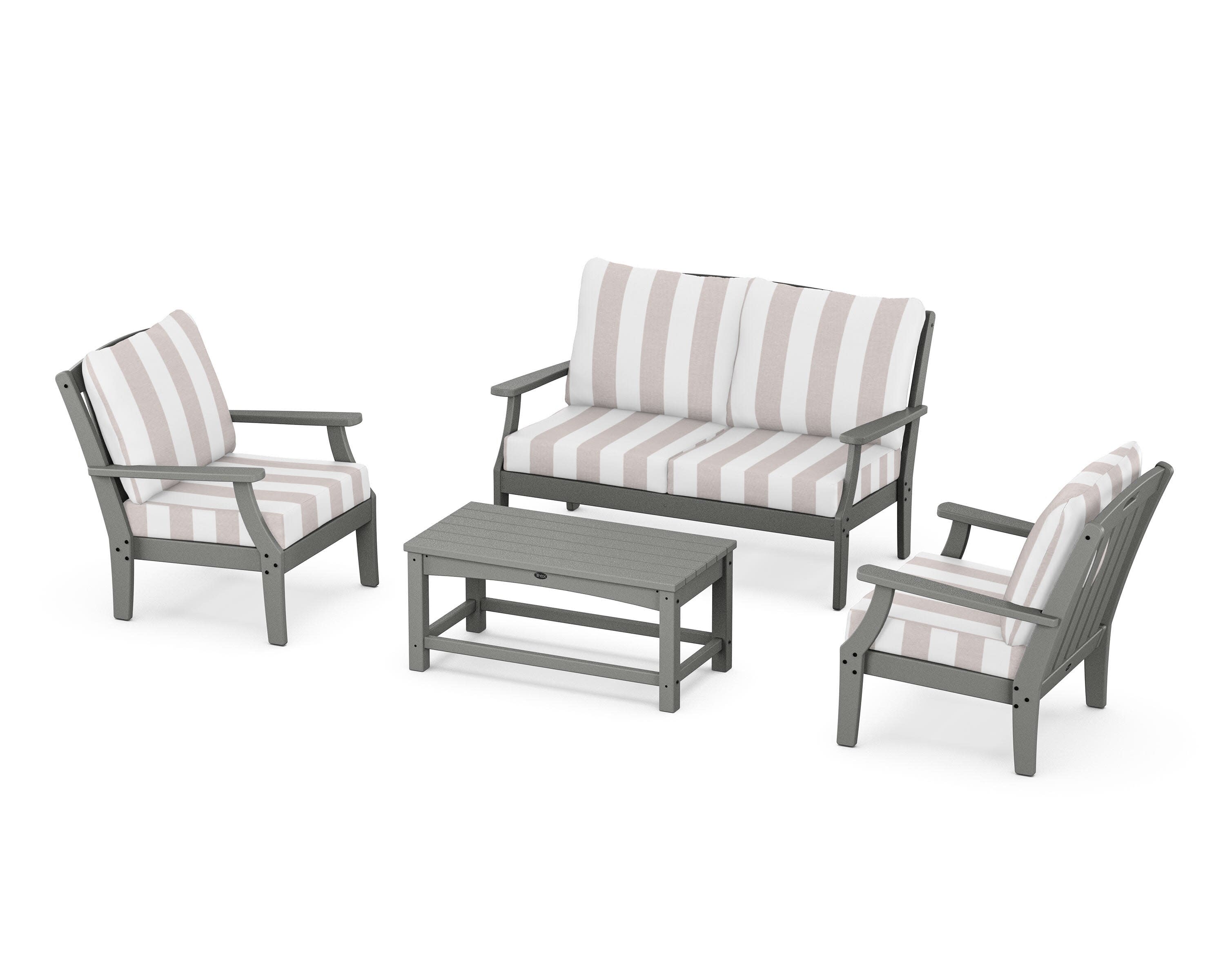Yacht Club 4-Piece Deep Seating Chair Set in Stepping Stone / Cabana Stripe Dune Burlap
