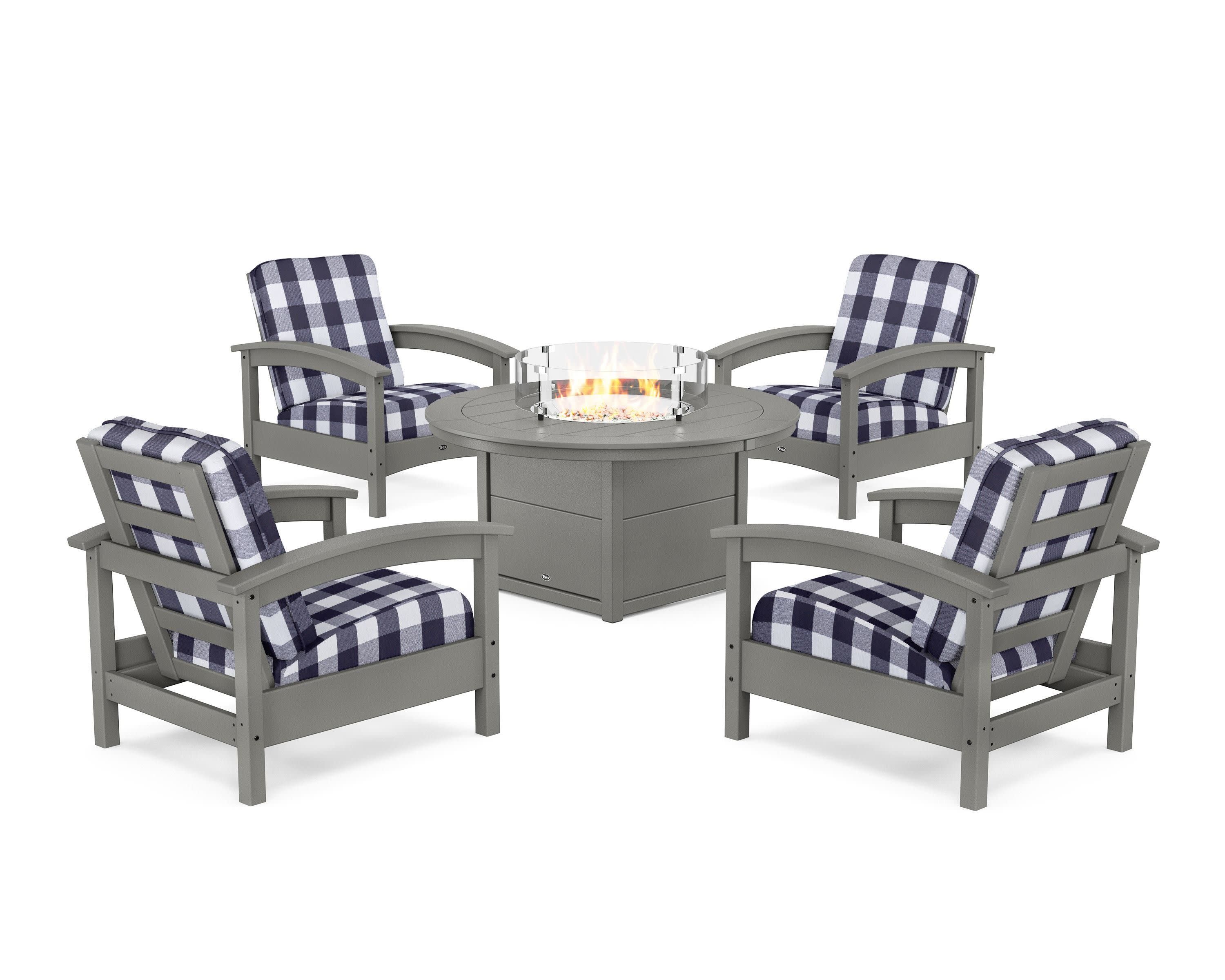 Rockport 5-Piece Deep Seating Set with Round Fire Pit Table in Stepping Stone / Buffalo Plaid Navy