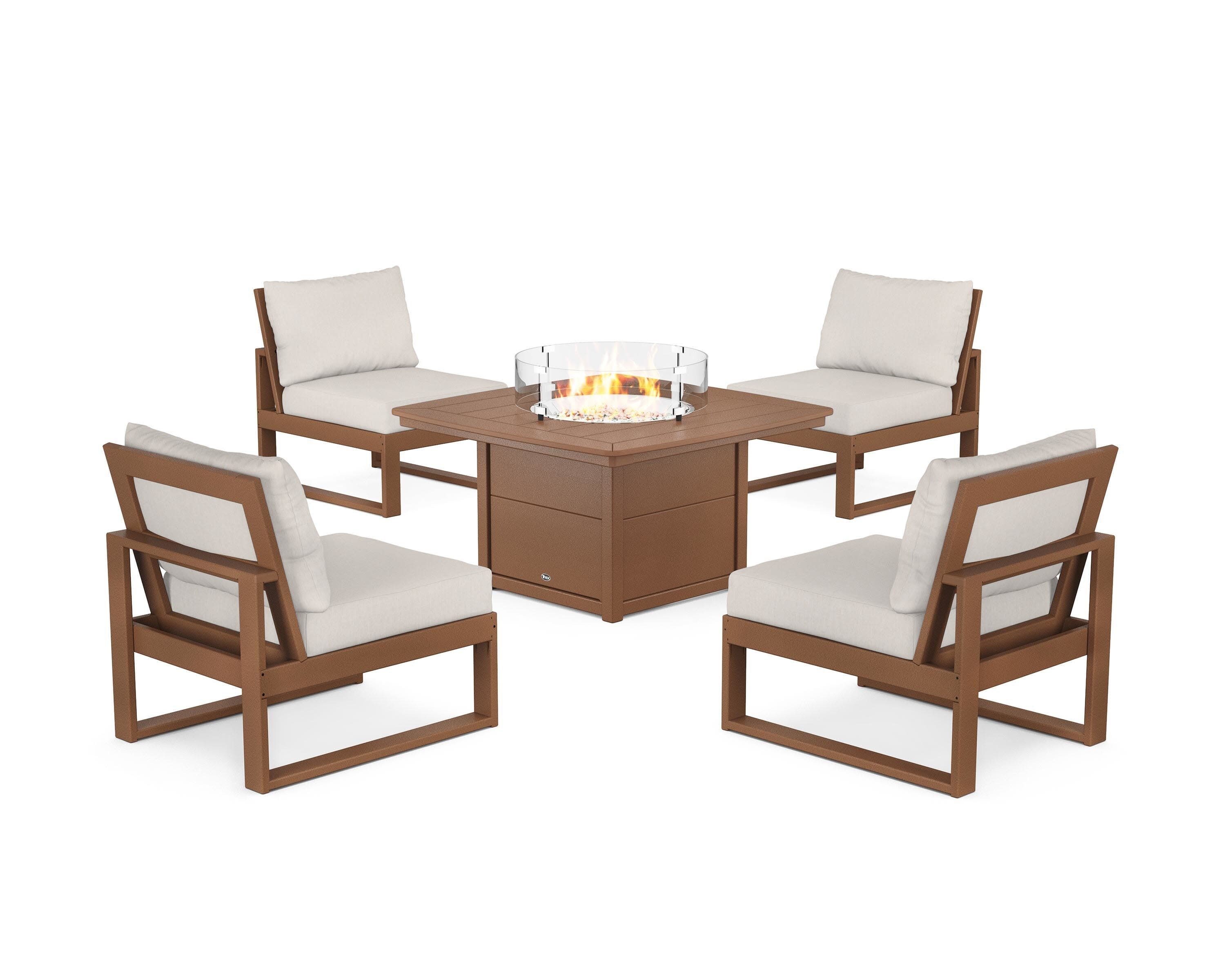 Eastport Modular 5-Piece Deep Seating Set with Yacht Club Fire Pit Table in Tree House / Cast Ash