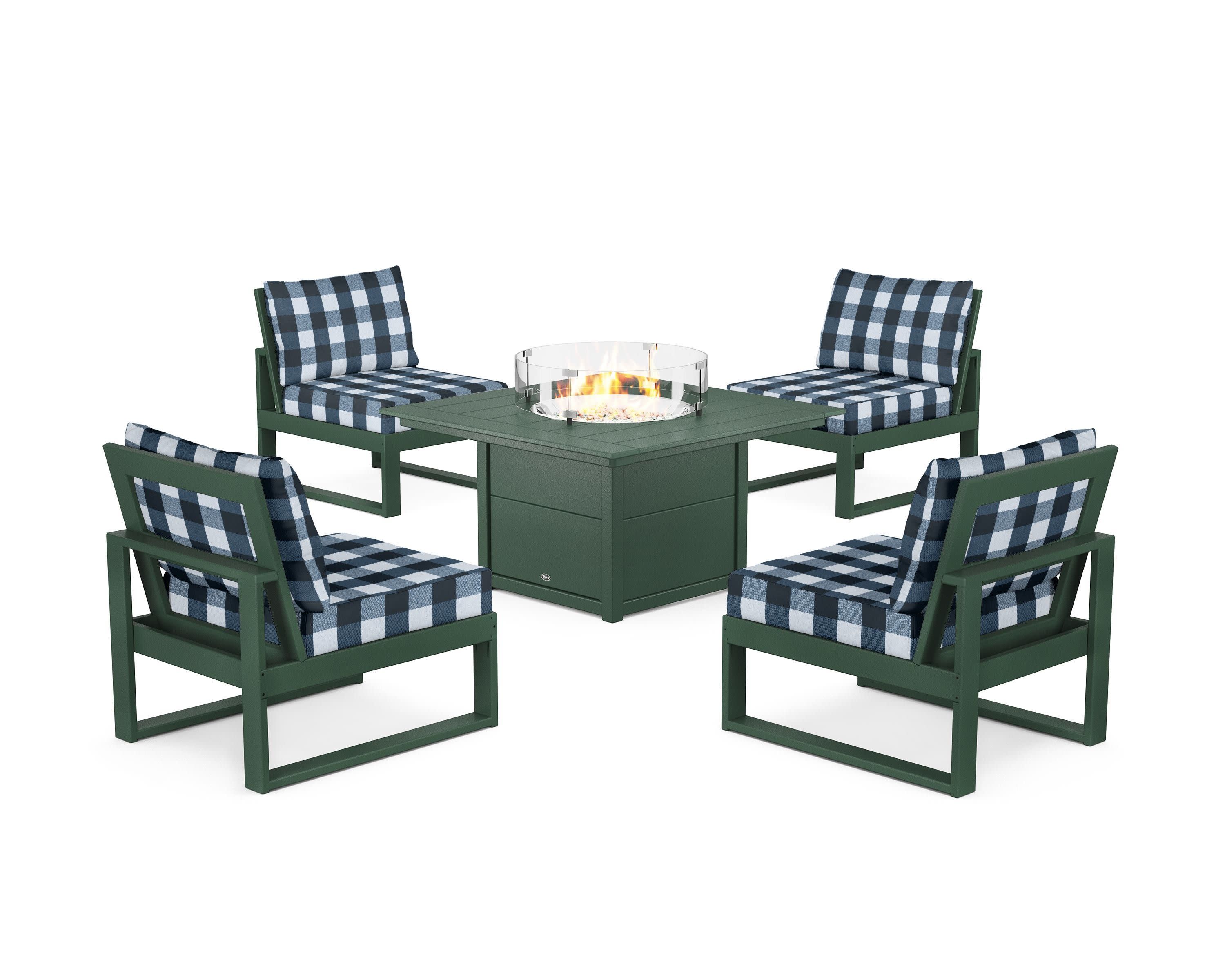 Eastport Modular 5-Piece Deep Seating Set with Square Fire Pit Table in Rainforest Canopy / Buffalo Plaid Marine Indigo