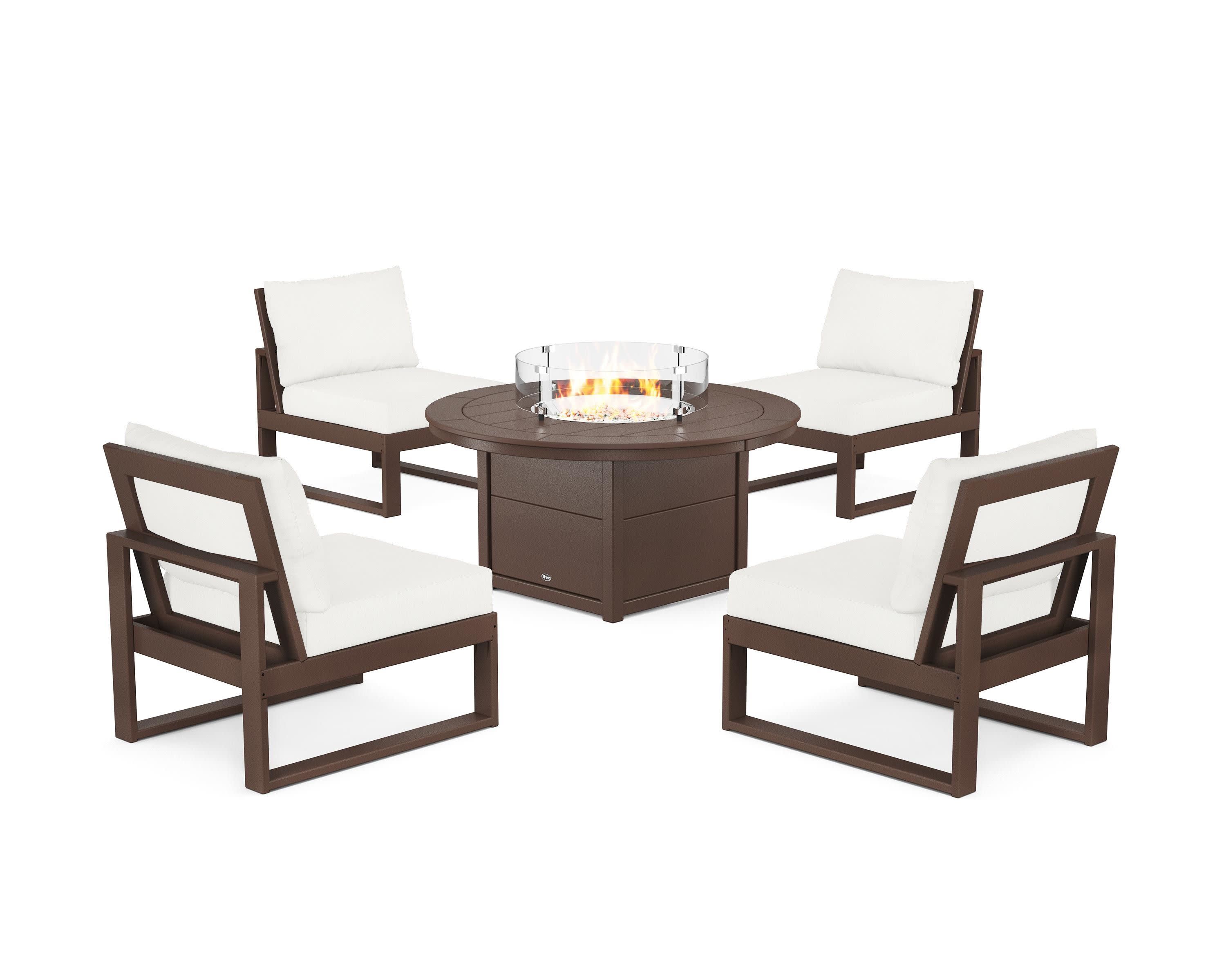 Eastport Modular 5-Piece Deep Seating Set with Round Fire Pit Table in Vintage Lantern / Natural Linen