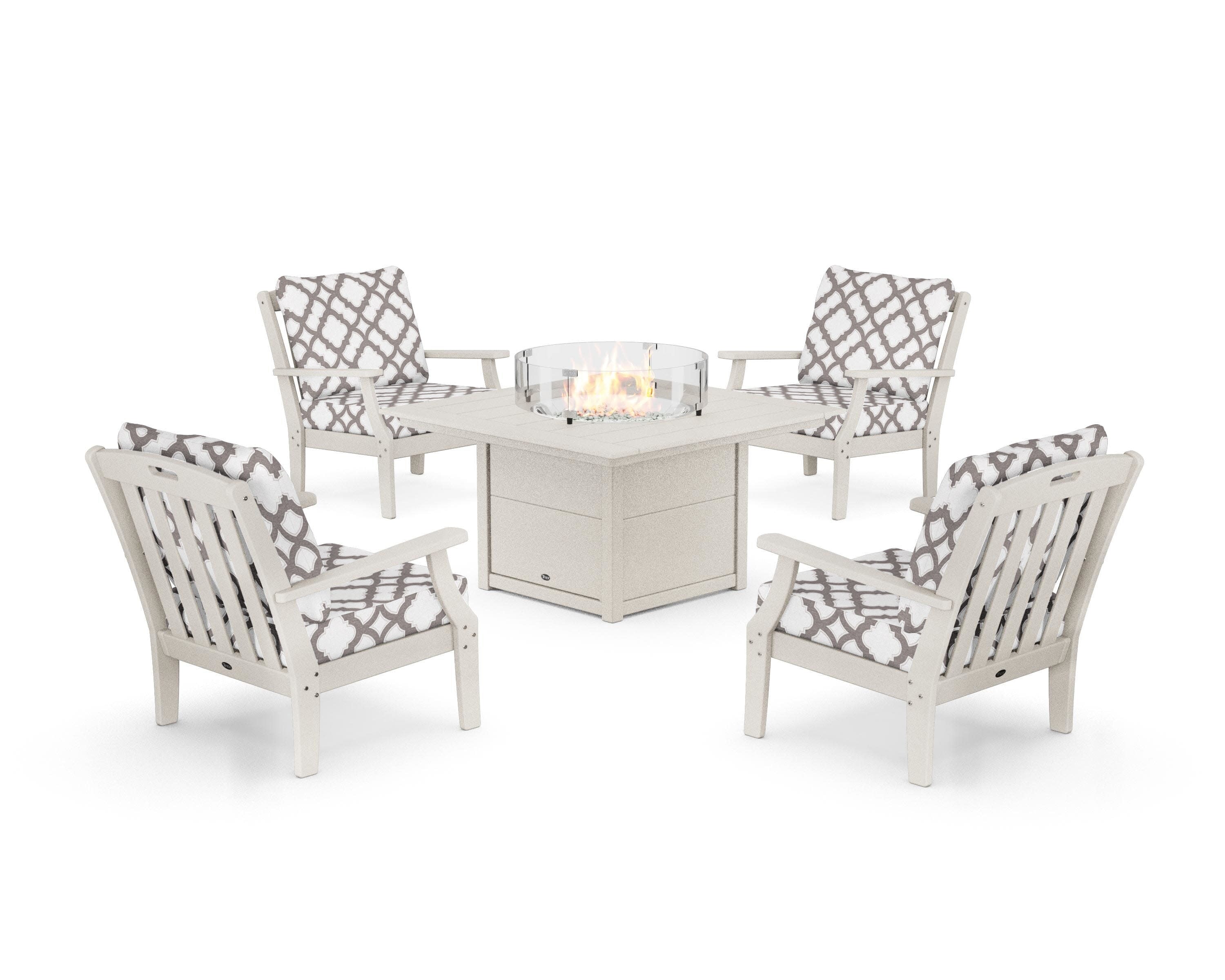 Yacht Club 5-Piece Deep Seating Set with Square Fire Pit Table in Sand Castle / Trellis Grey Mist