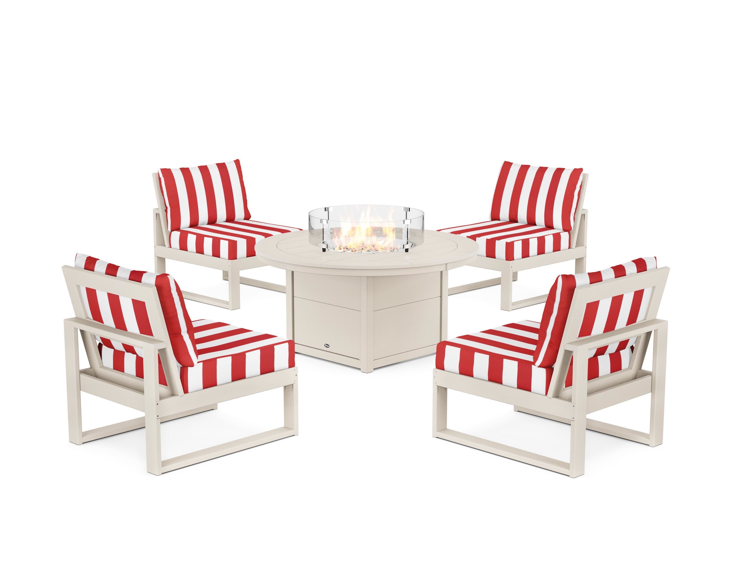 Eastport Modular 5-Piece Deep Seating Set with Round Fire Pit Table in Sand Castle / Cabana Stripe Crimson