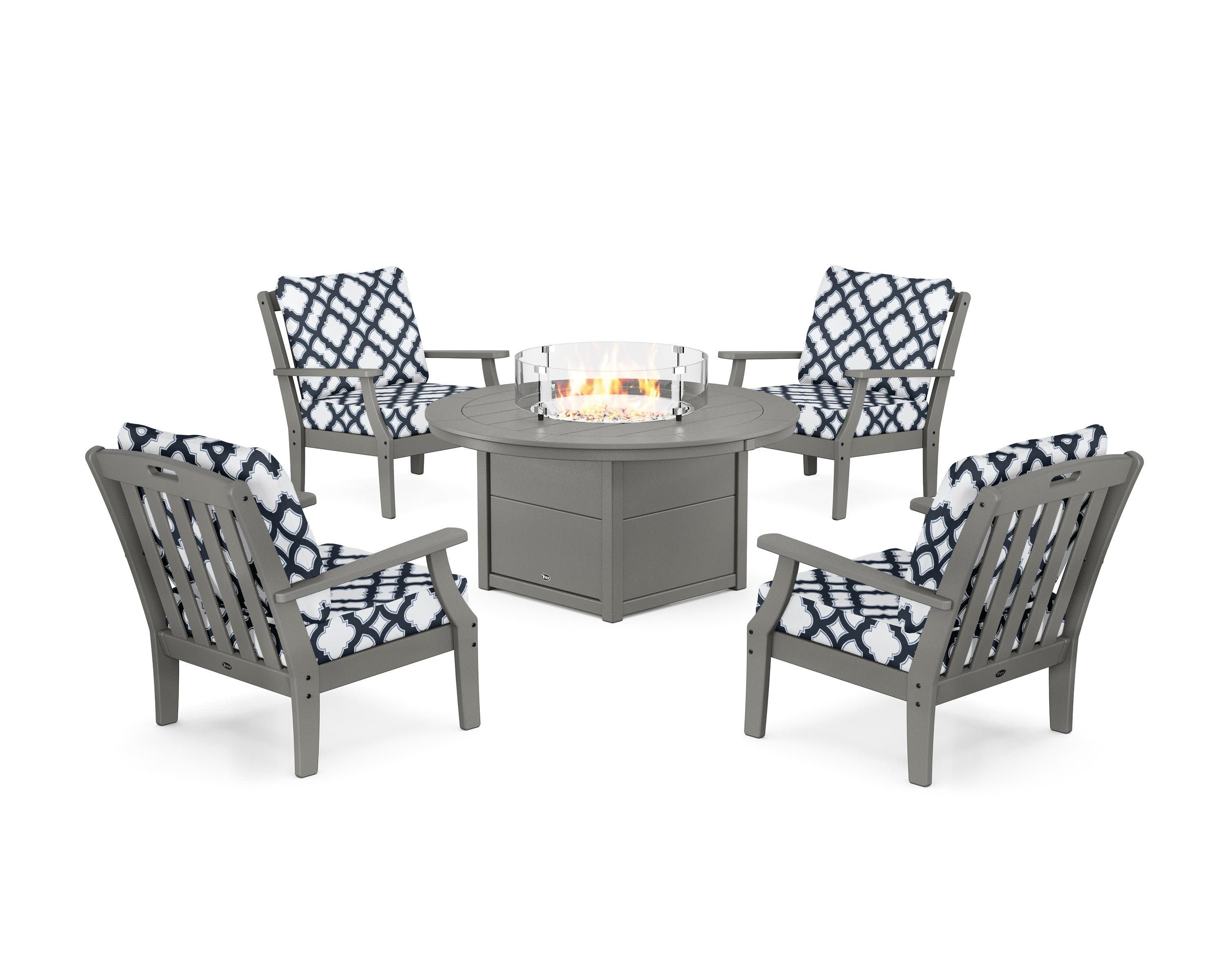 Yacht Club 5-Piece Deep Seating Set with Round Fire Pit Table in Stepping Stone / Trellis Marine Indigo