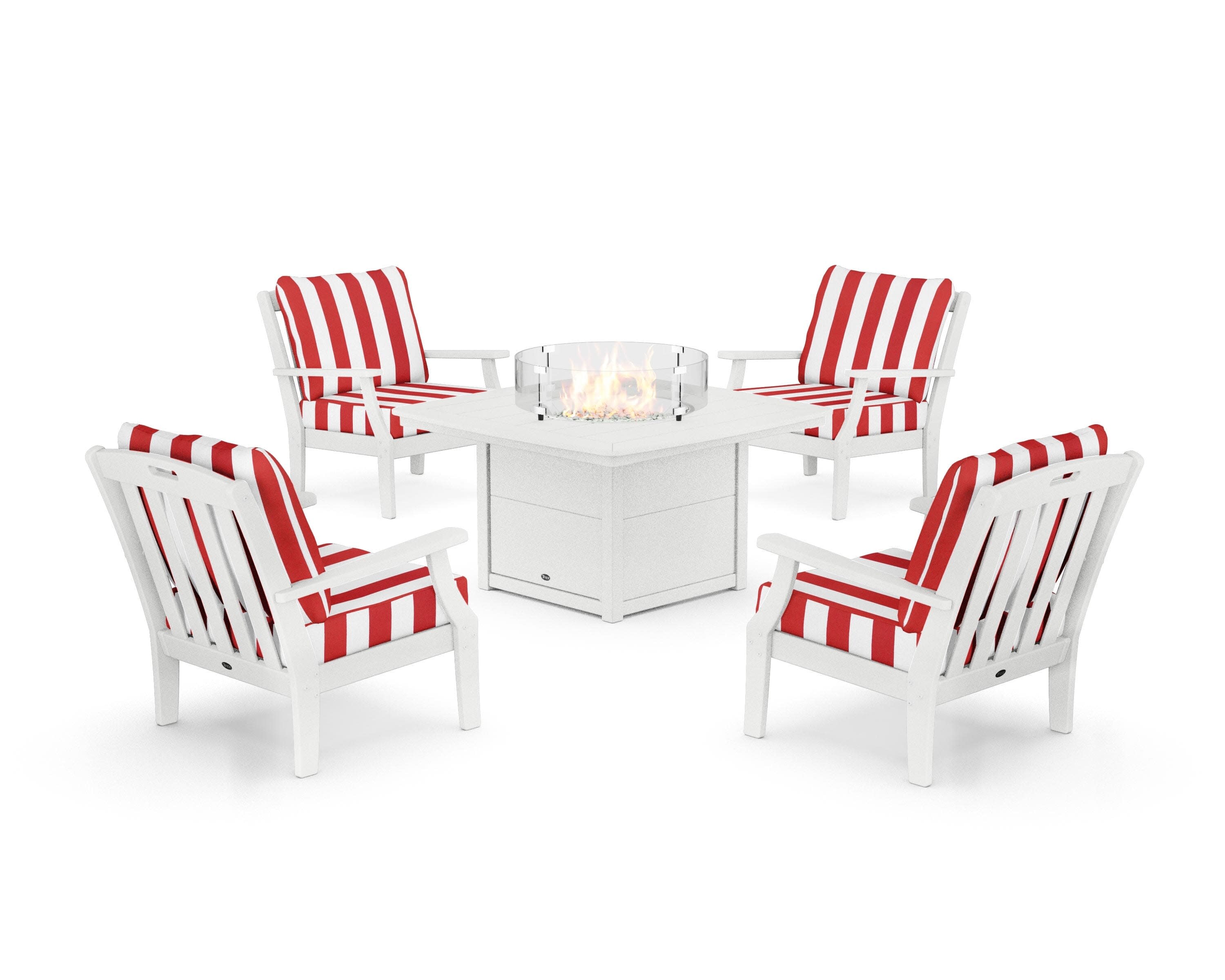 Yacht Club 5-Piece Deep Seating Set with Fire Pit Table in Classic White / Cabana Stripe Crimson