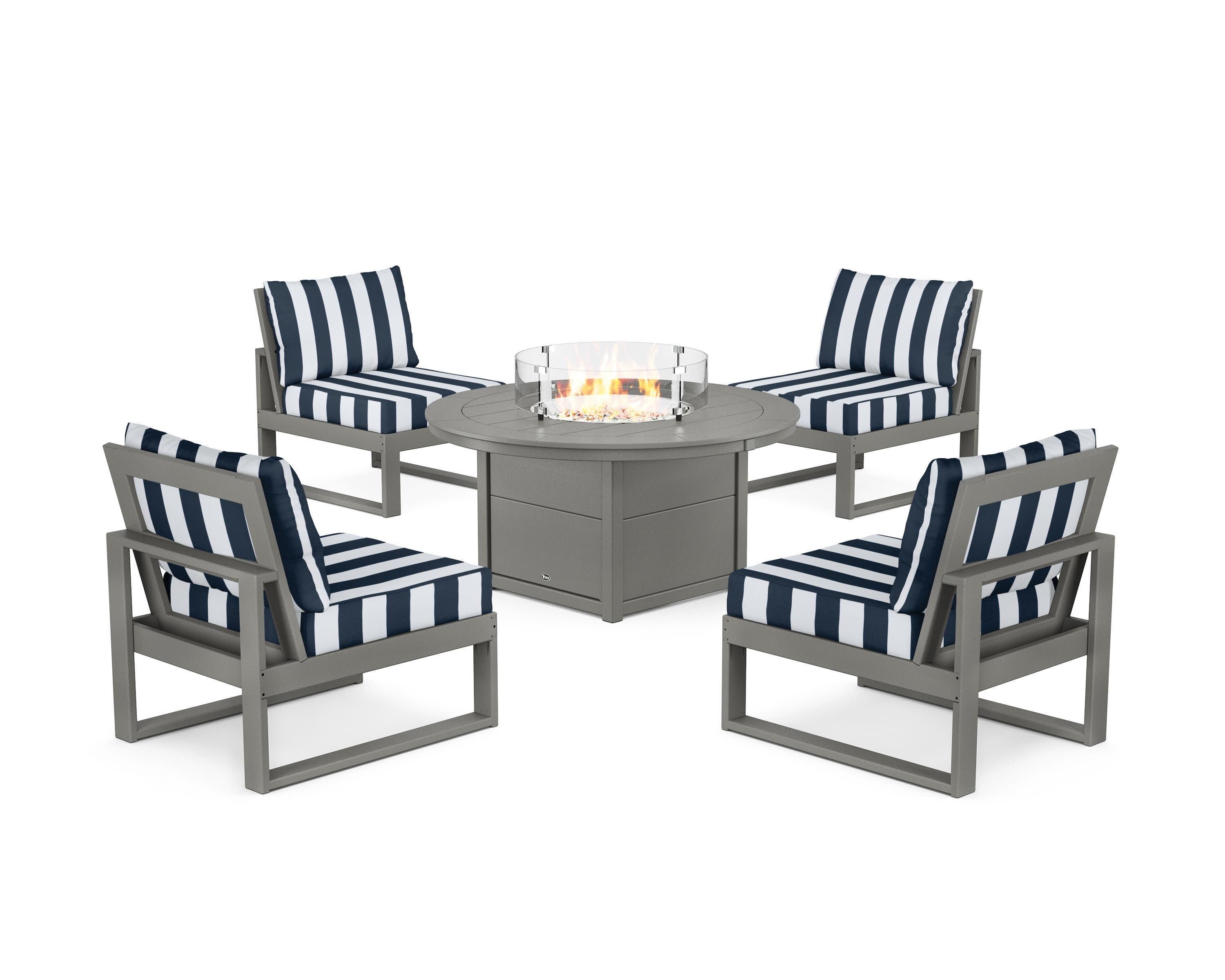 Eastport Modular 5-Piece Deep Seating Set with Round Fire Pit Table in Stepping Stone / Cabana Stripe Marine Indigo