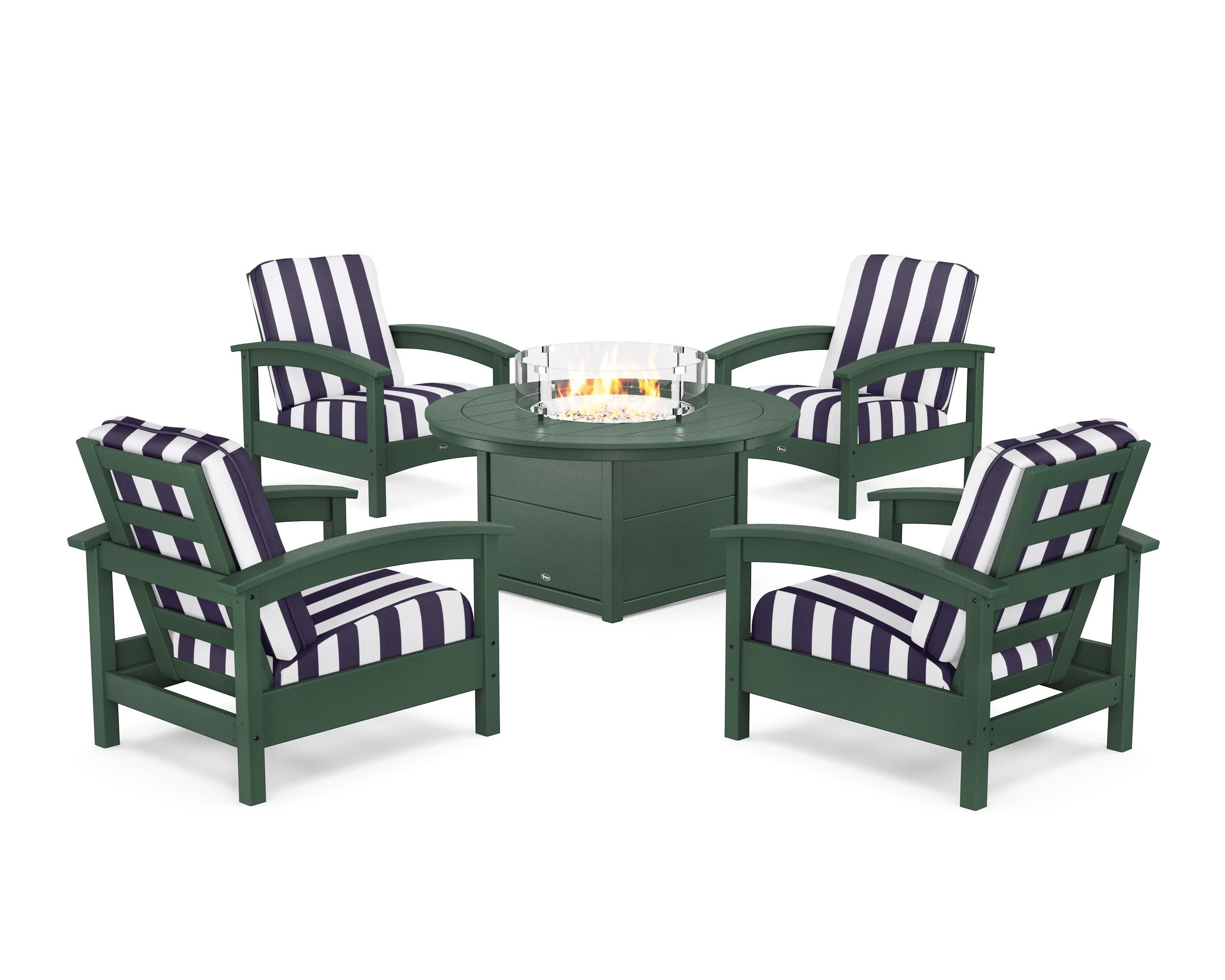 Rockport 5-Piece Deep Seating Set with Round Fire Pit Table in Rainforest Canopy / Cabana Stripe Navy