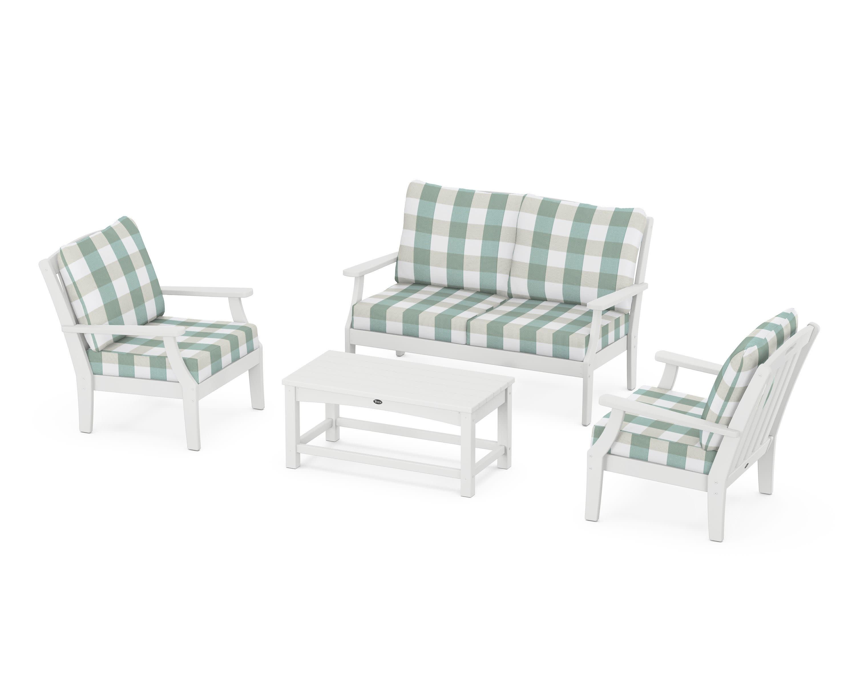 Yacht Club 4-Piece Deep Seating Chair Set in Classic White / Buffalo Plaid Glacier Spa