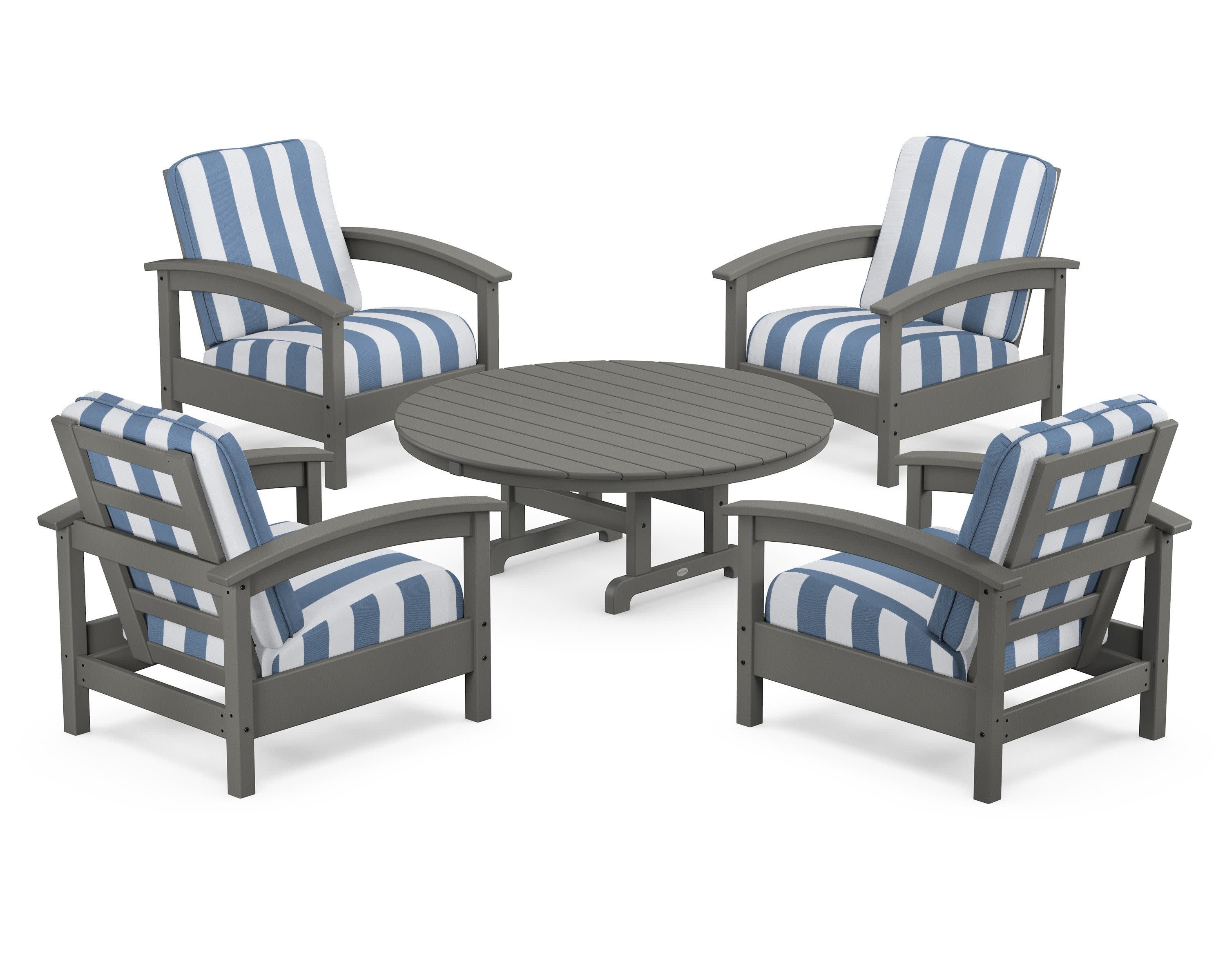 Rockport 5-Piece Deep Seating Set in Stepping Stone / Cabana Stripe Sky Blue