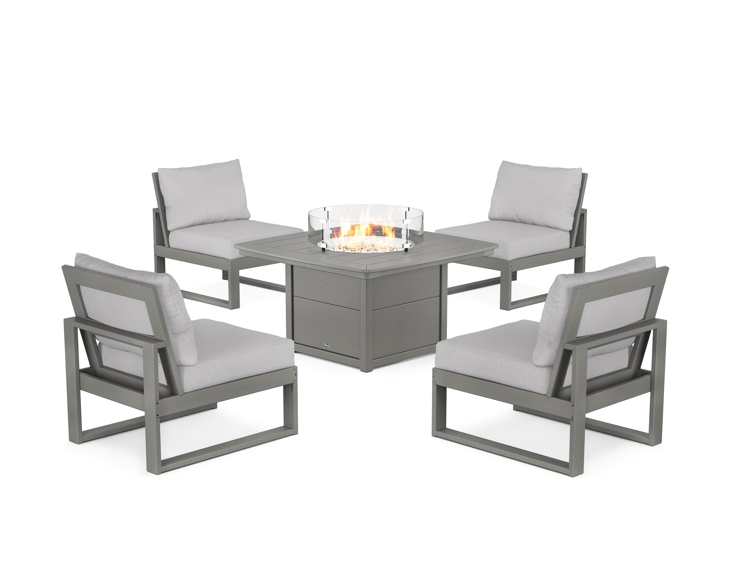 Eastport Modular 5-Piece Deep Seating Set with Yacht Club Fire Pit Table in Stepping Stone / Granite