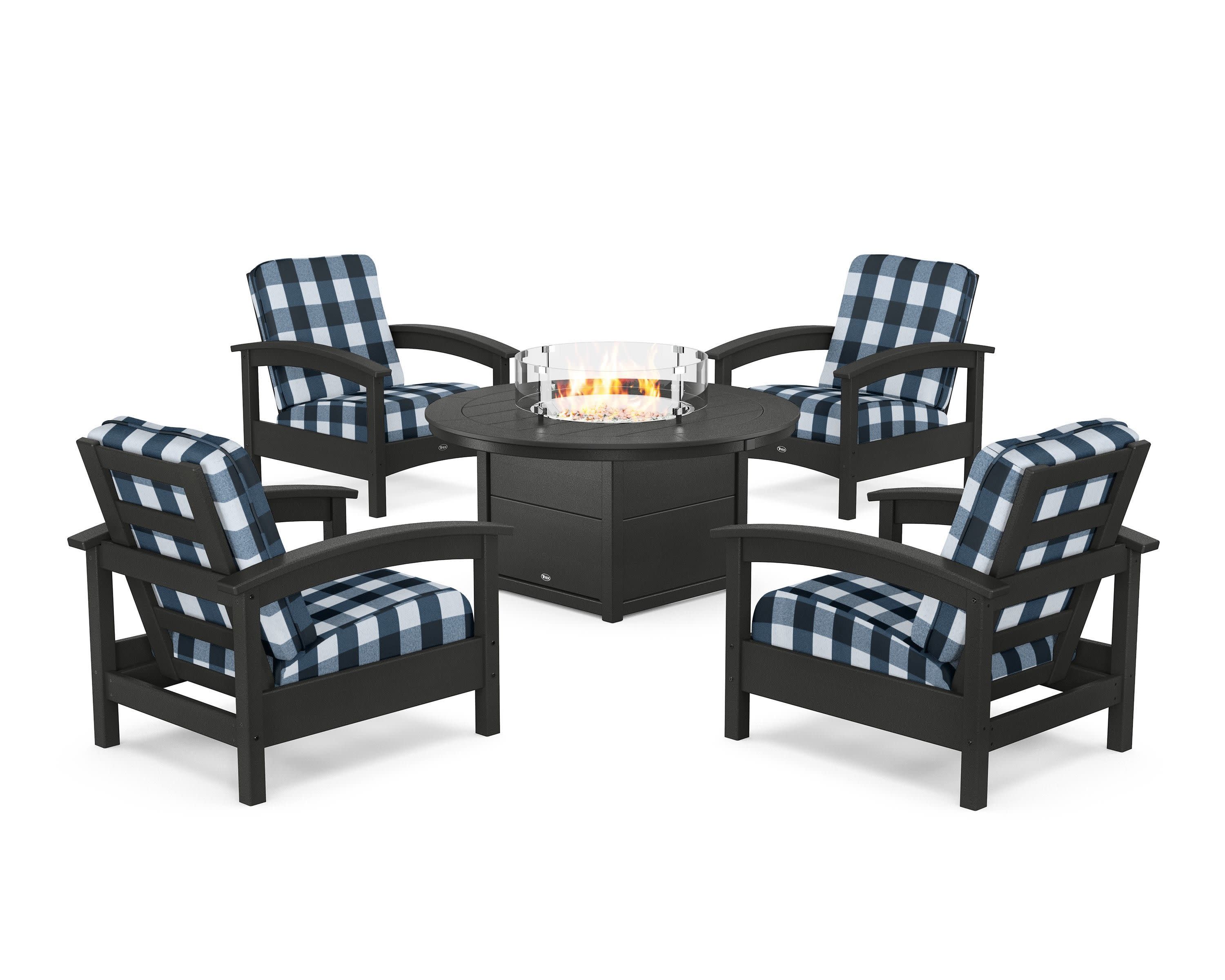 Rockport 5-Piece Deep Seating Set with Round Fire Pit Table in Charcoal Black / Buffalo Plaid Marine Indigo