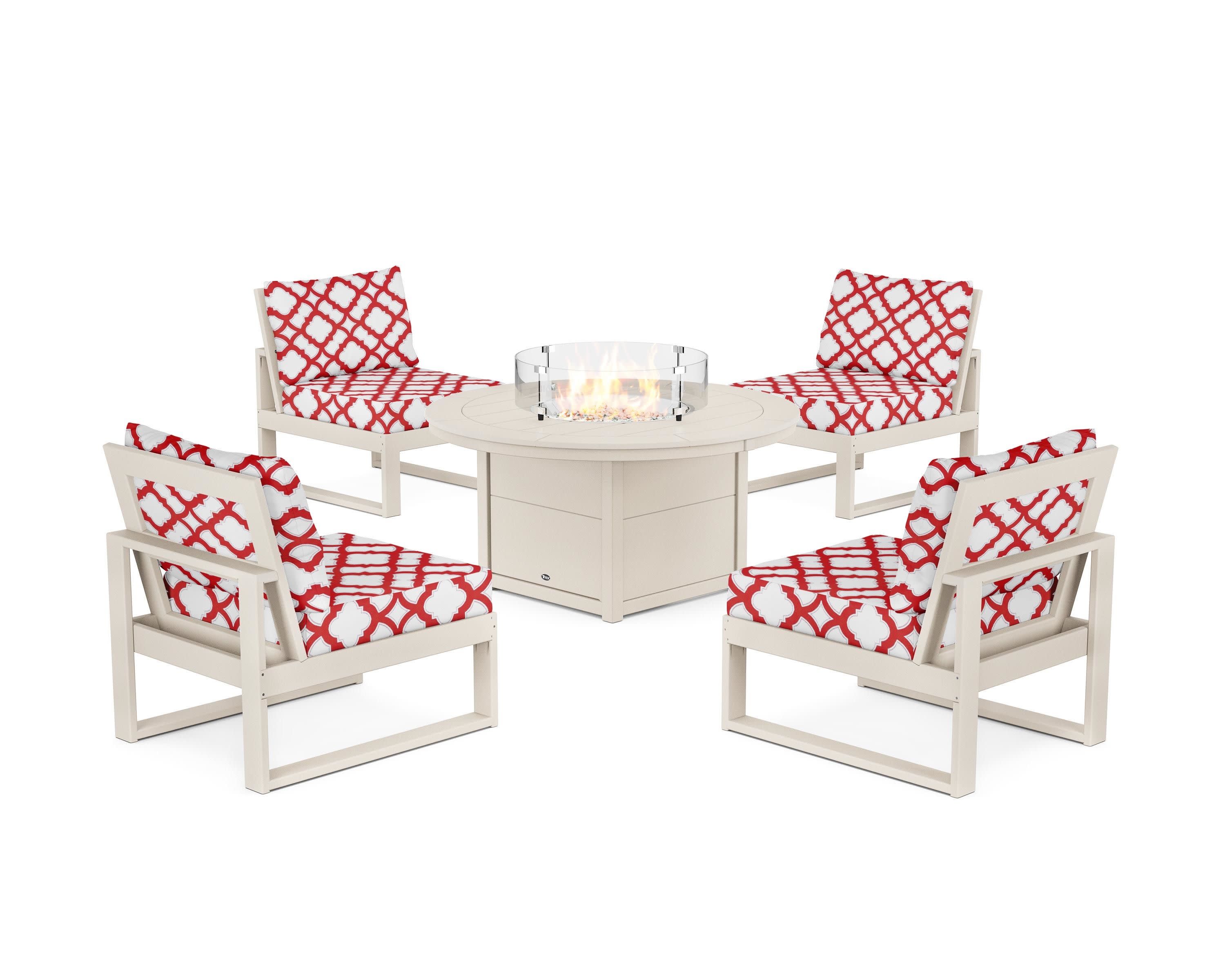 Eastport Modular 5-Piece Deep Seating Set with Round Fire Pit Table in Sand Castle / Trellis Crimson