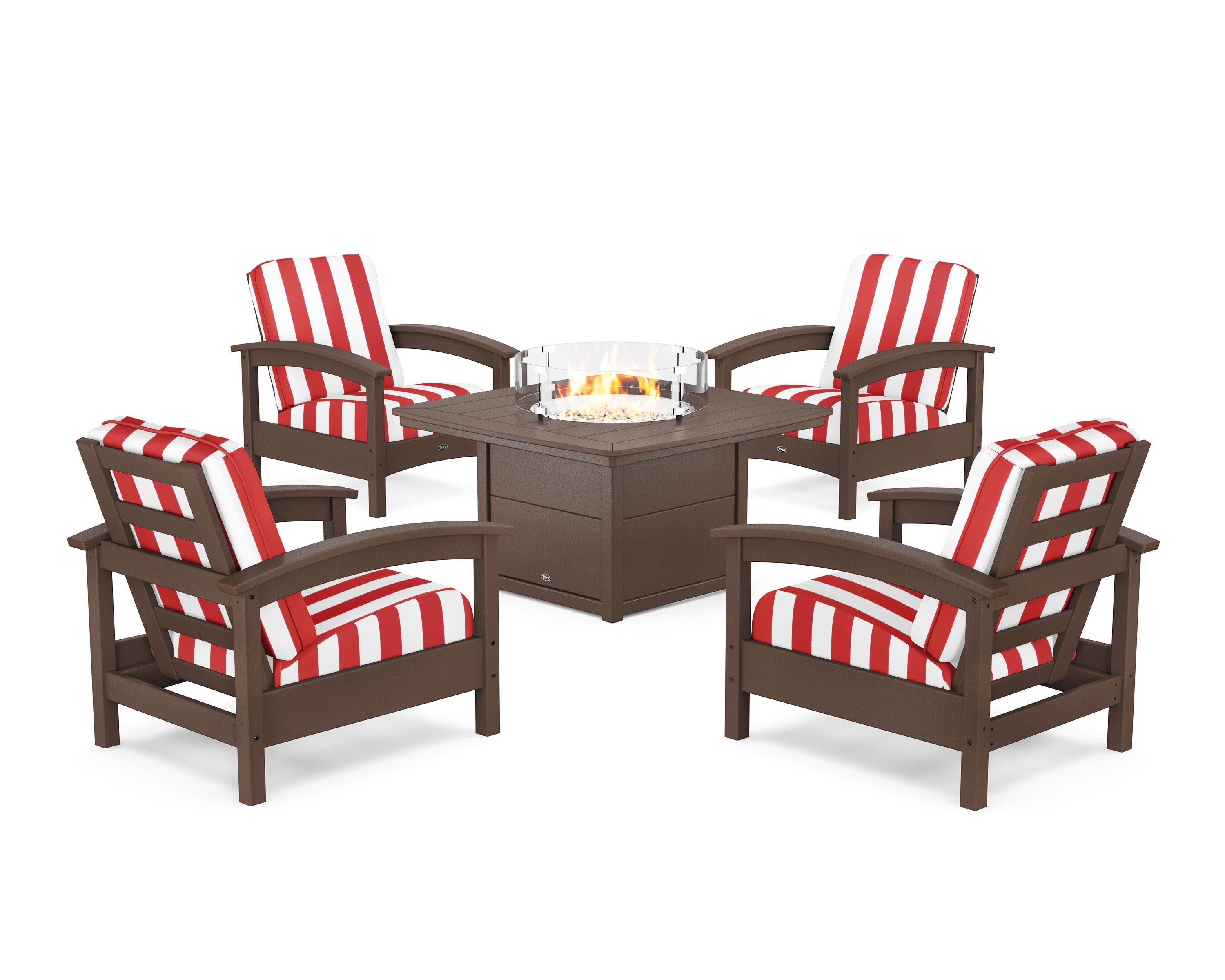 Rockport 5-Piece Deep Seating Set with Yacht Club Fire Pit Table in Vintage Lantern / Cabana Stripe Crimson
