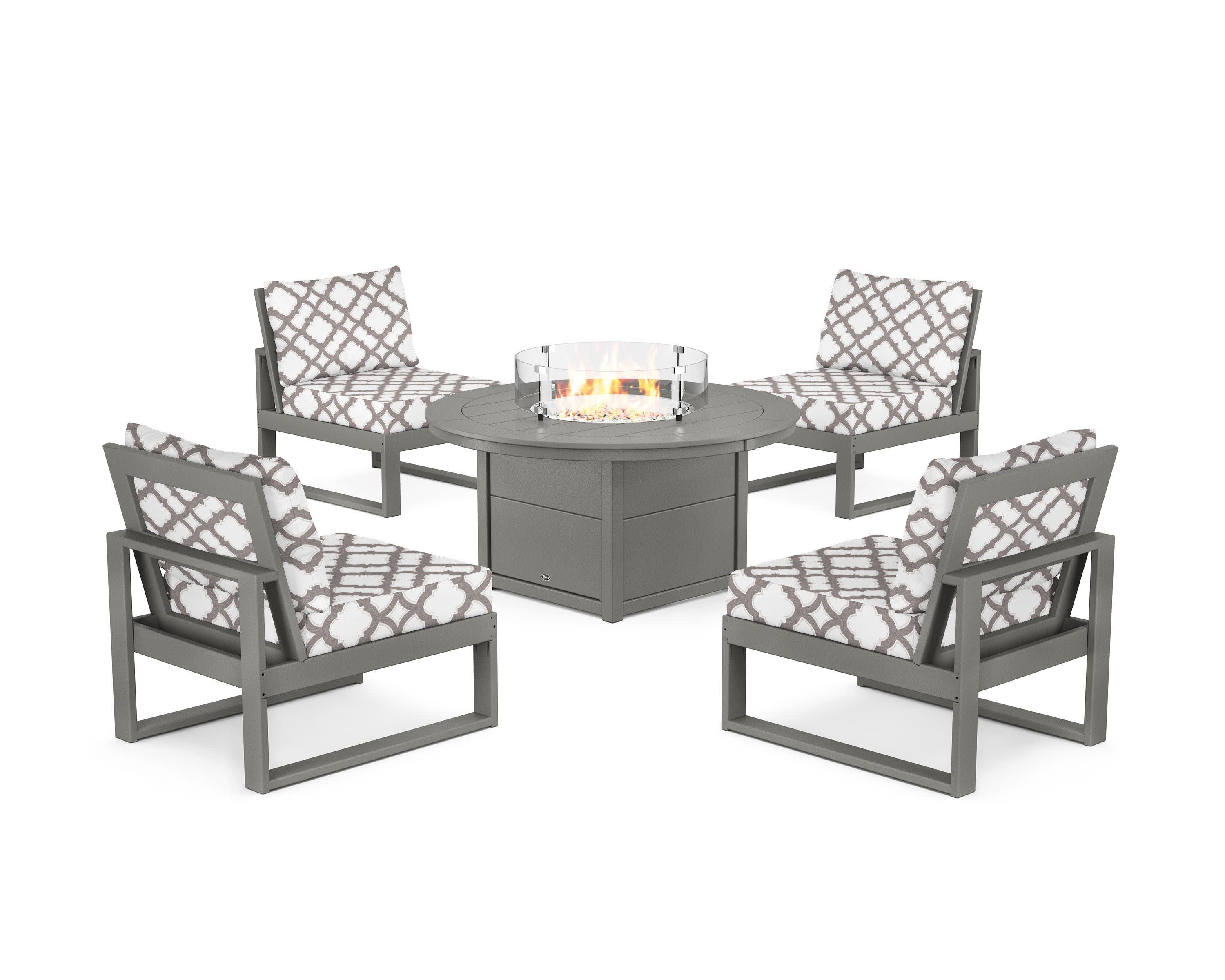 Eastport Modular 5-Piece Deep Seating Set with Round Fire Pit Table in Stepping Stone / Trellis Grey Mist