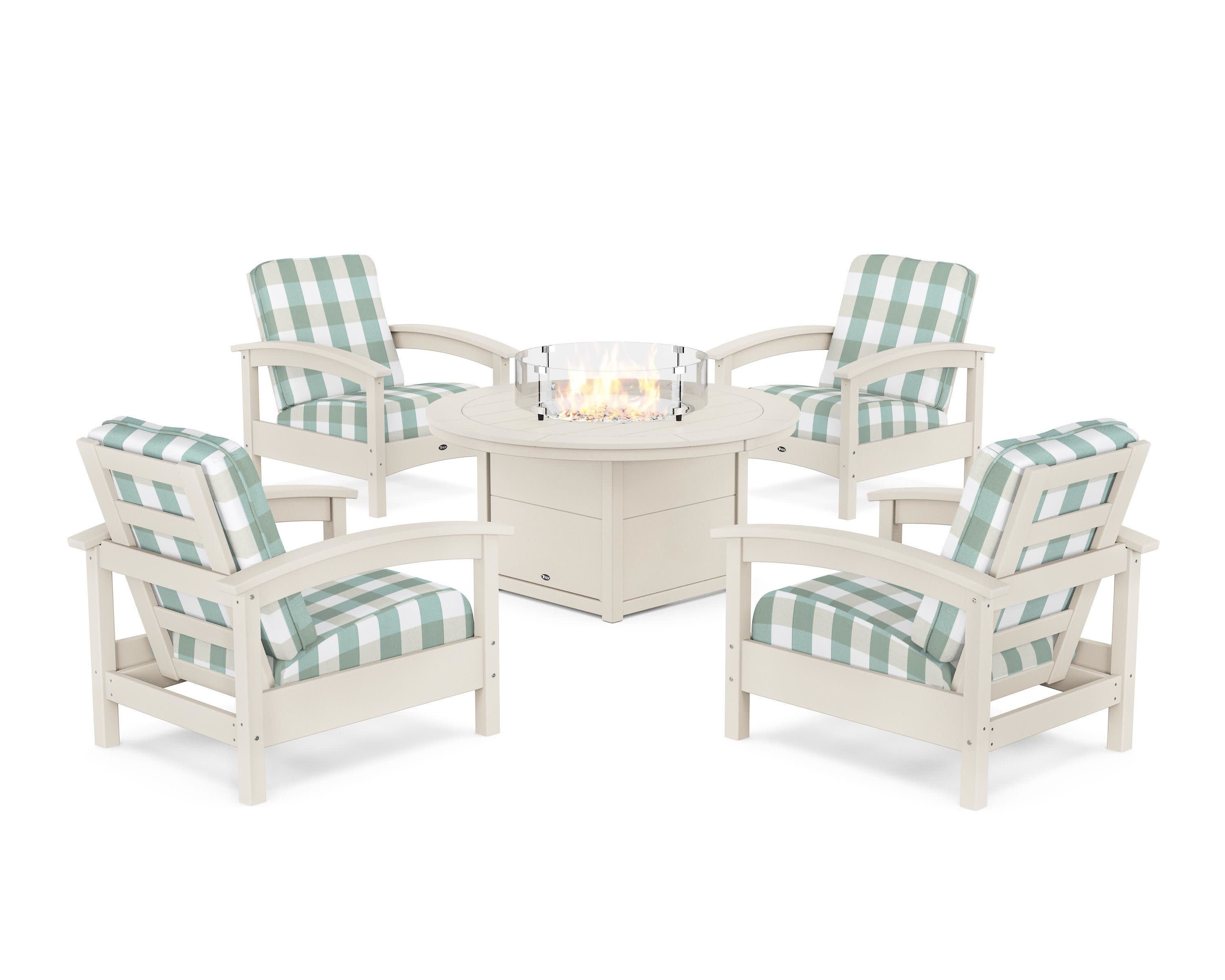 Rockport 5-Piece Deep Seating Set with Round Fire Pit Table in Sand Castle / Buffalo Plaid Glacier Spa