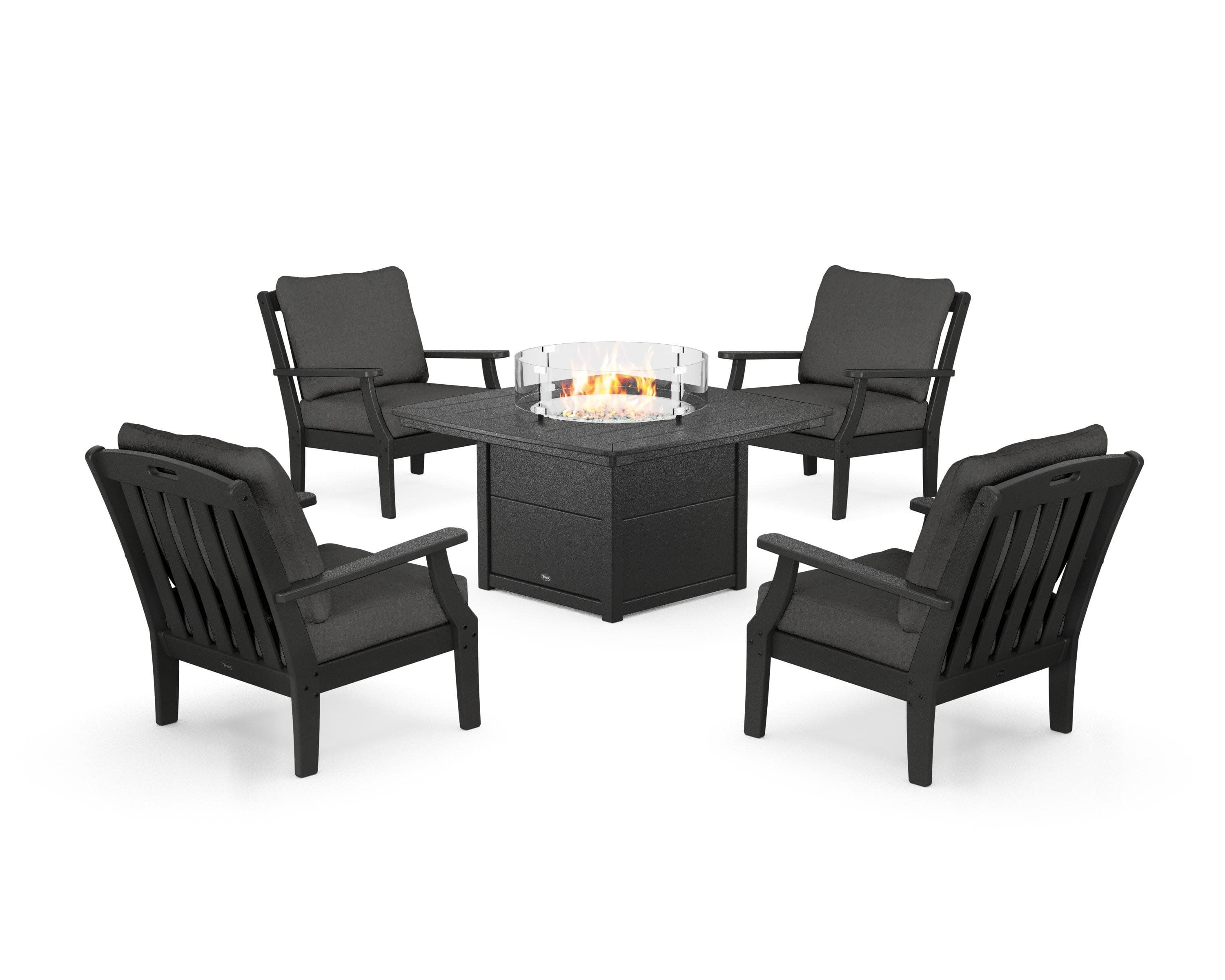 Yacht Club 5-Piece Deep Seating Set with Fire Pit Table in Charcoal Black / Spectrum Carbon