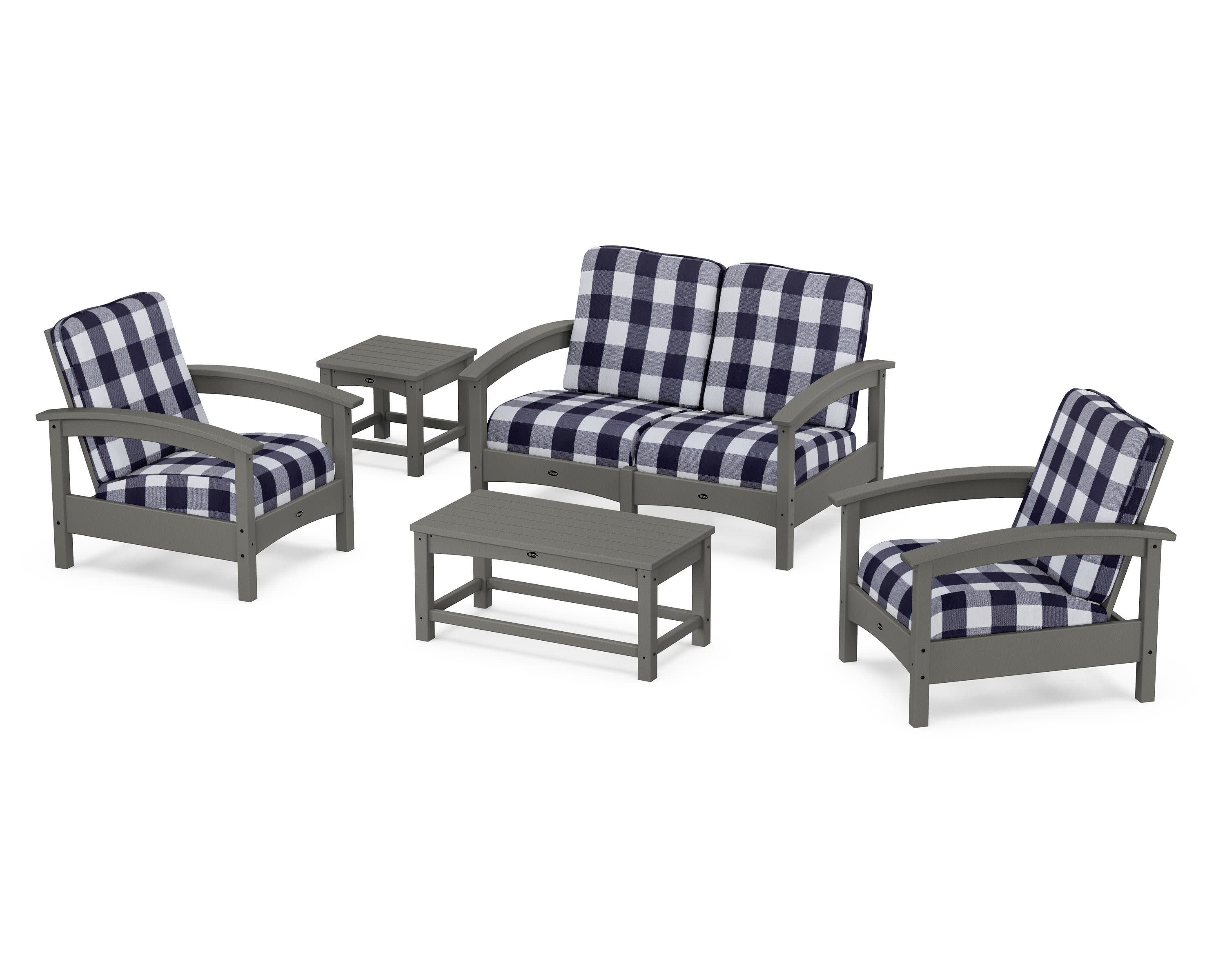 Rockport Club 6-Piece Deep Seating Conversation Set in Stepping Stone / Buffalo Plaid Navy